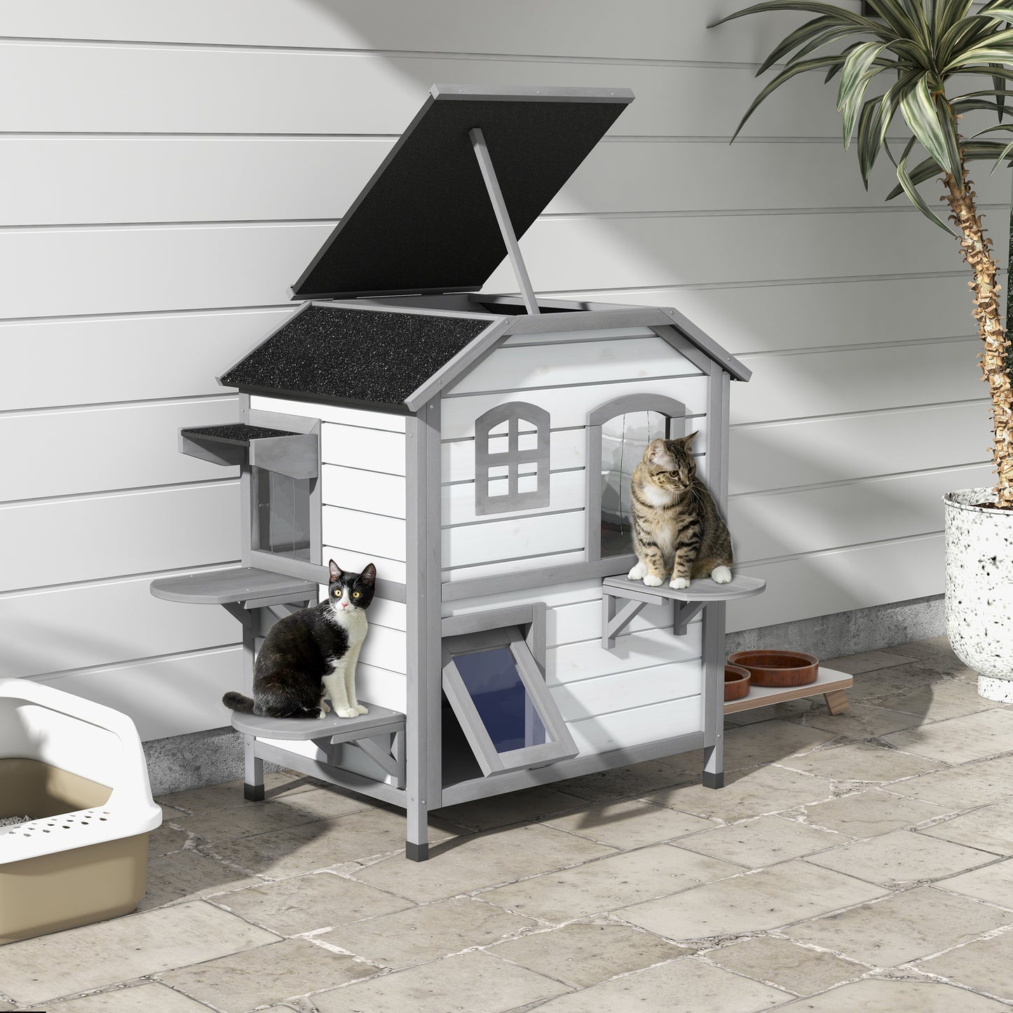 2 Storey Indoor Or Outdoor Wooden Cat Enclosure Kitty Aosom UK