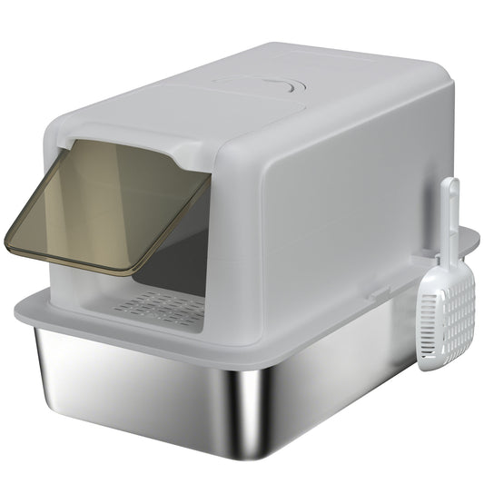 PawHut Stainless Steel Cat Litter Box with Removable Lid, Scoop, Filter Bags, for Larger Cats, Grey PawHut Default Title