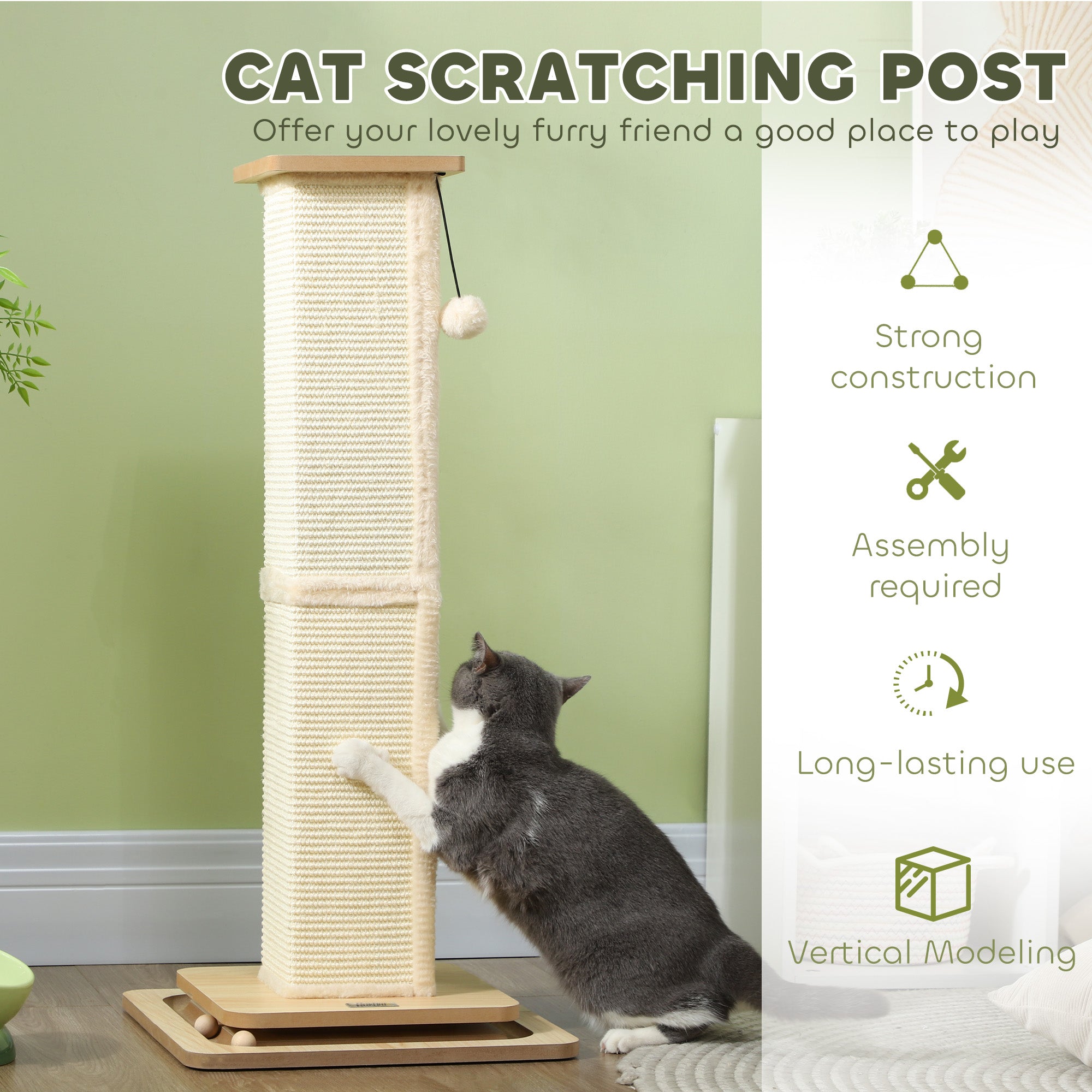 Scratching Post, 3 in 1 Cat Post with Sisal Post, Track Ball Toy, Self Grooming Brush, Hanging Toy Ball, Feather, Oak