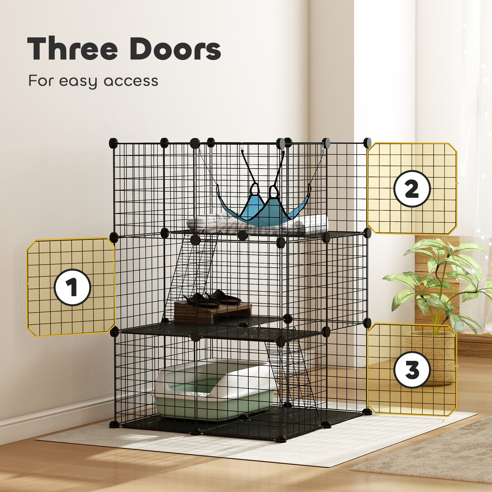 Indoor Cat Cage DIY Customizable 3-Tier Indoor Cat Enclosure with 3 Doors and Hammock  Black
