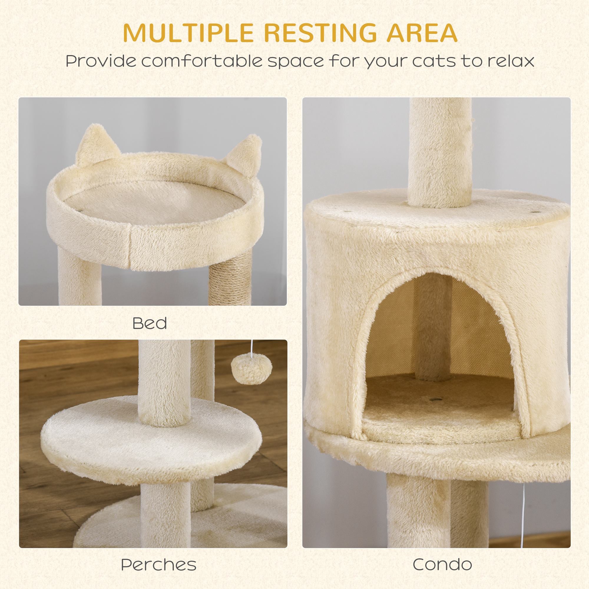 Sisal-Covered Cat Tree Tower, Pet Activity Centre with Scratching Post, Cosy Perch, Beige