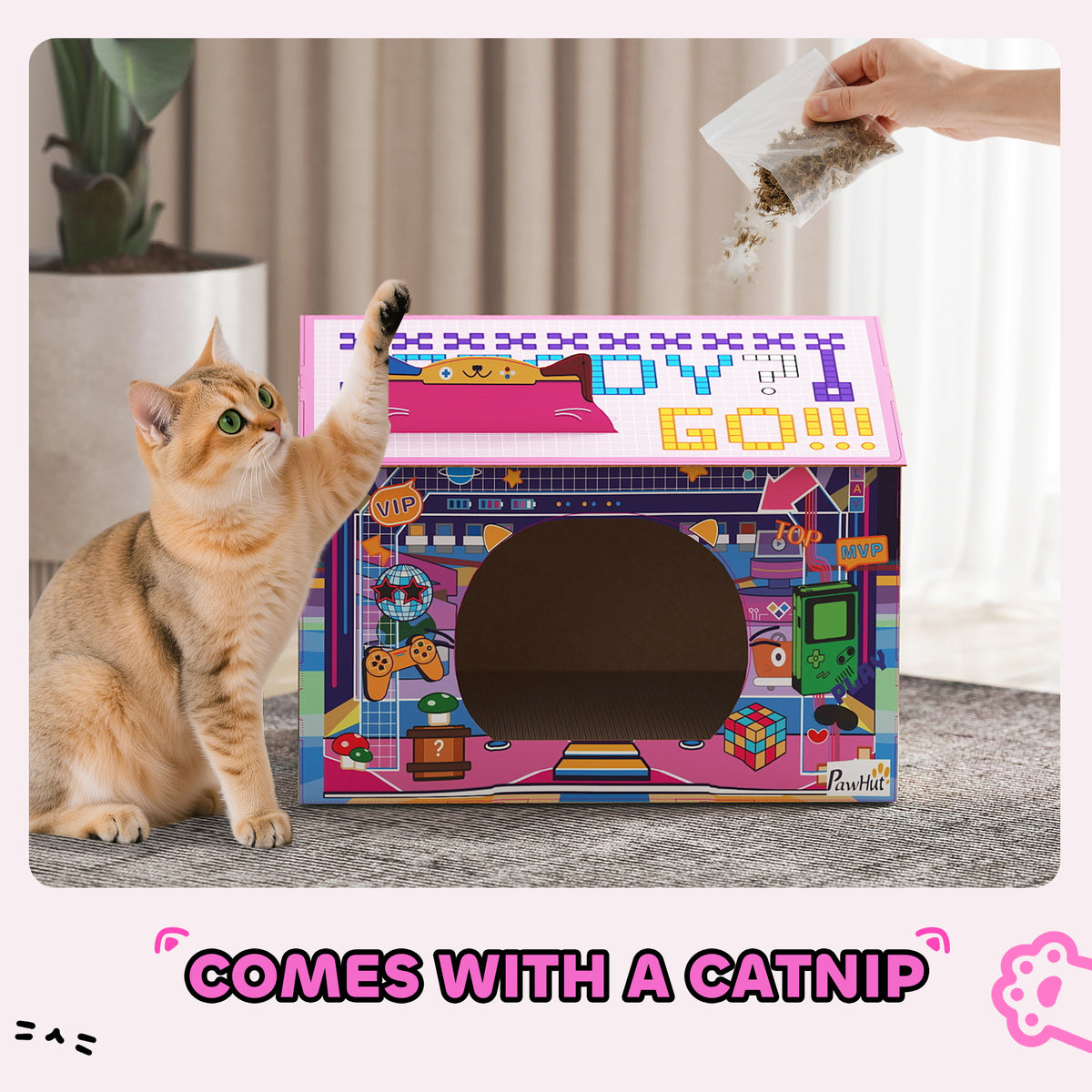 PawHut 2 in 1 Gaming Style Cardboard Cat House with Scratching Board & Catnip for Indoor Cats, Pink PawHut