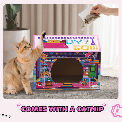 PawHut 2 in 1 Gaming Style Cardboard Cat House with Scratching Board & Catnip for Indoor Cats, Pink PawHut