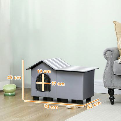 Outdoor Cat House, Weatherproof Feral Cat Cave with Elevated Base and Cushion for Winter, Grey