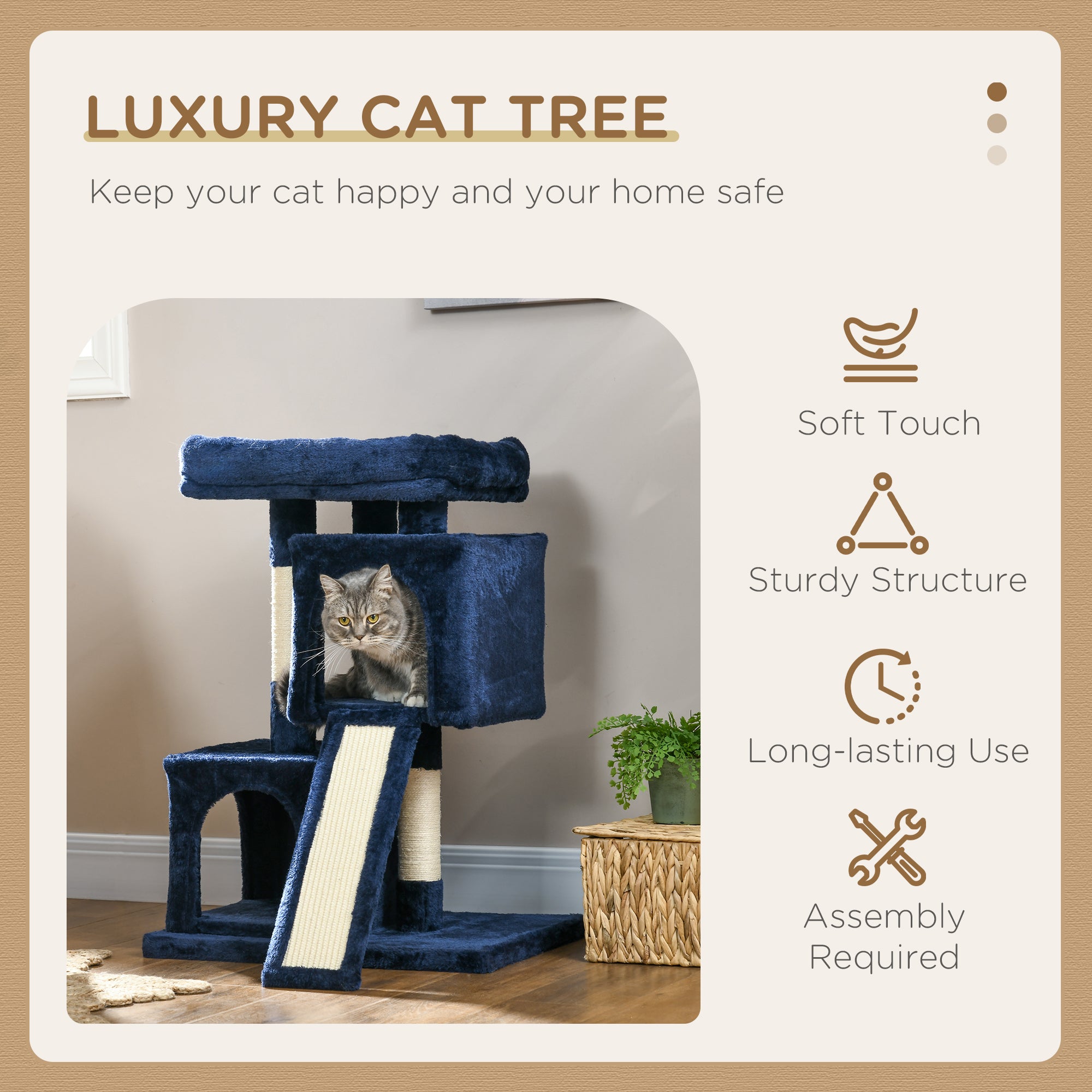 Sisal Cat Activity Tree, Rest & Play Centre with 2 Houses, Durable, Navy Blue