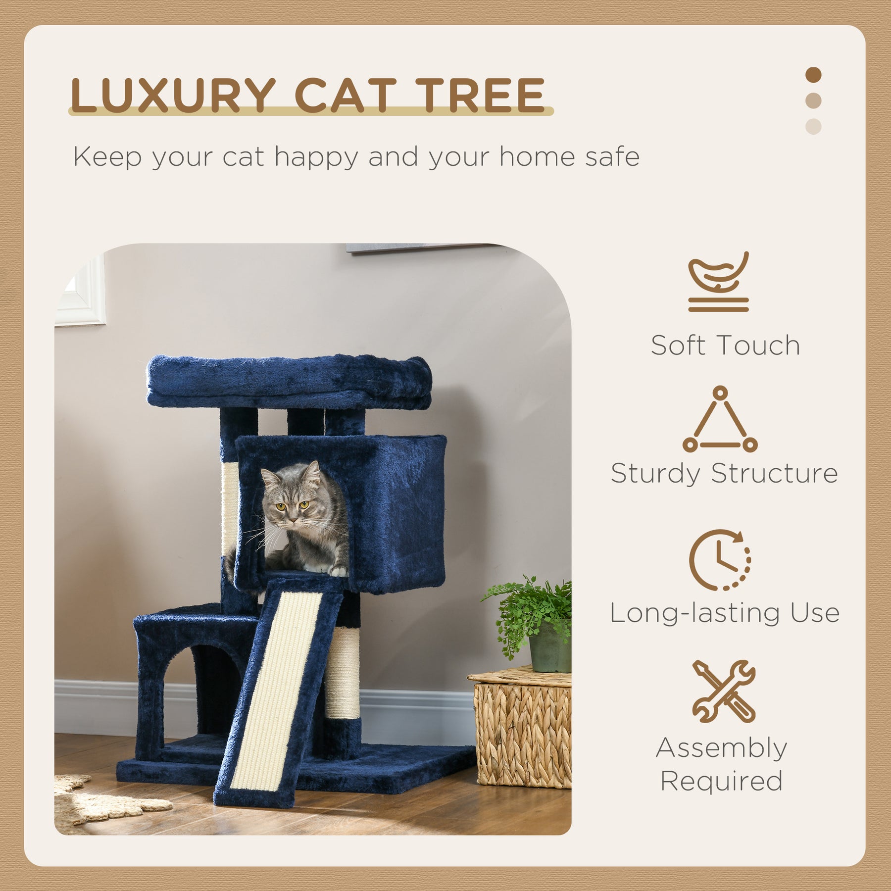 Sisal Cat Activity Tree, Rest & Play Centre with 2 Houses, Durable, Navy Blue