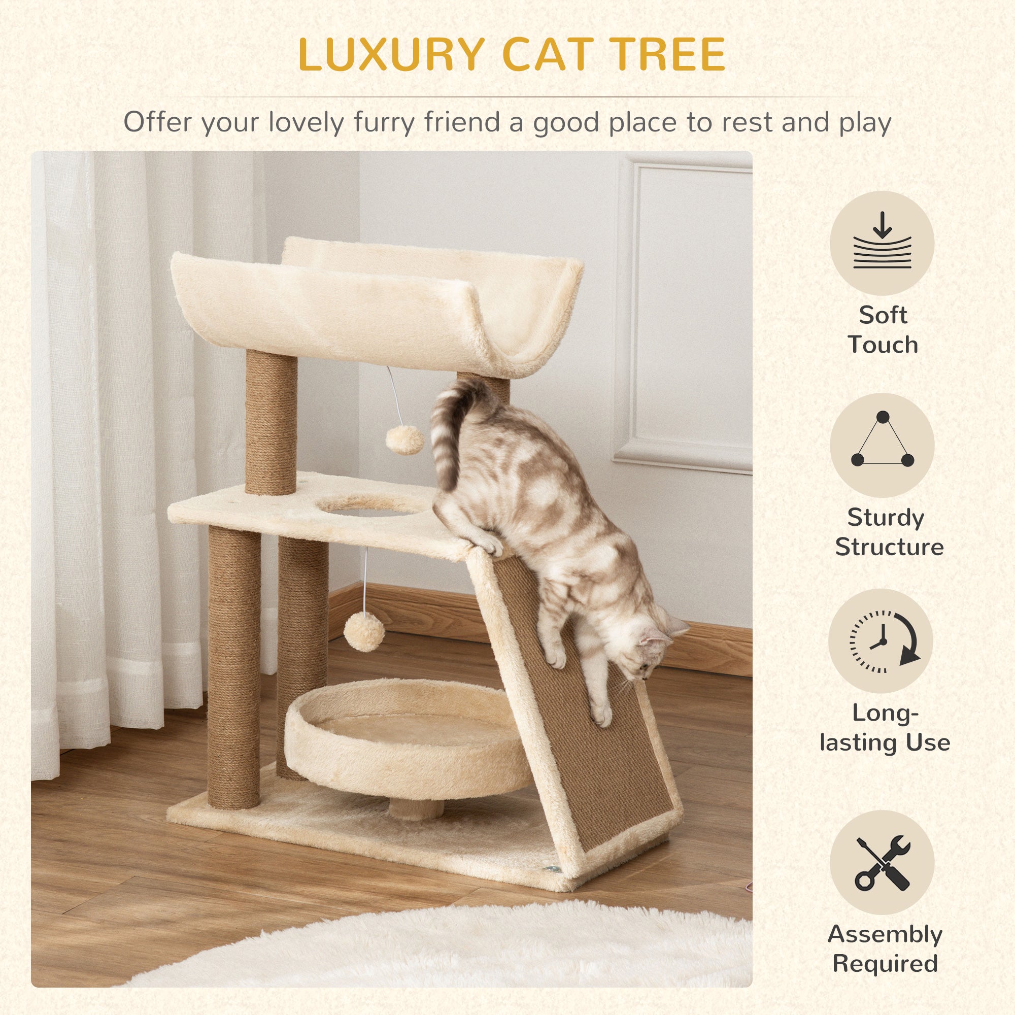 Cat Climbing Tree, Scratch Pad, Cosy Bed Perch, Play Ball, for Indoor Cats, Light Brown