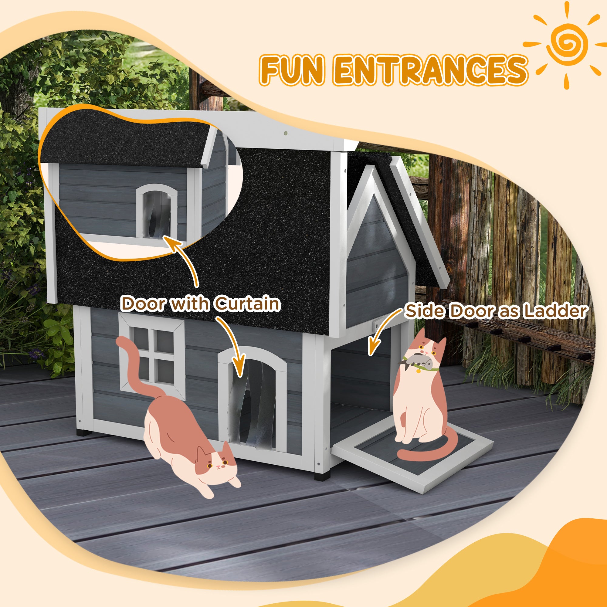 Outdoor Cat House, Wooden Feral Cat Shelter Waterproof Hide House with Openable Asphalt Roof and Three Doors, Grey