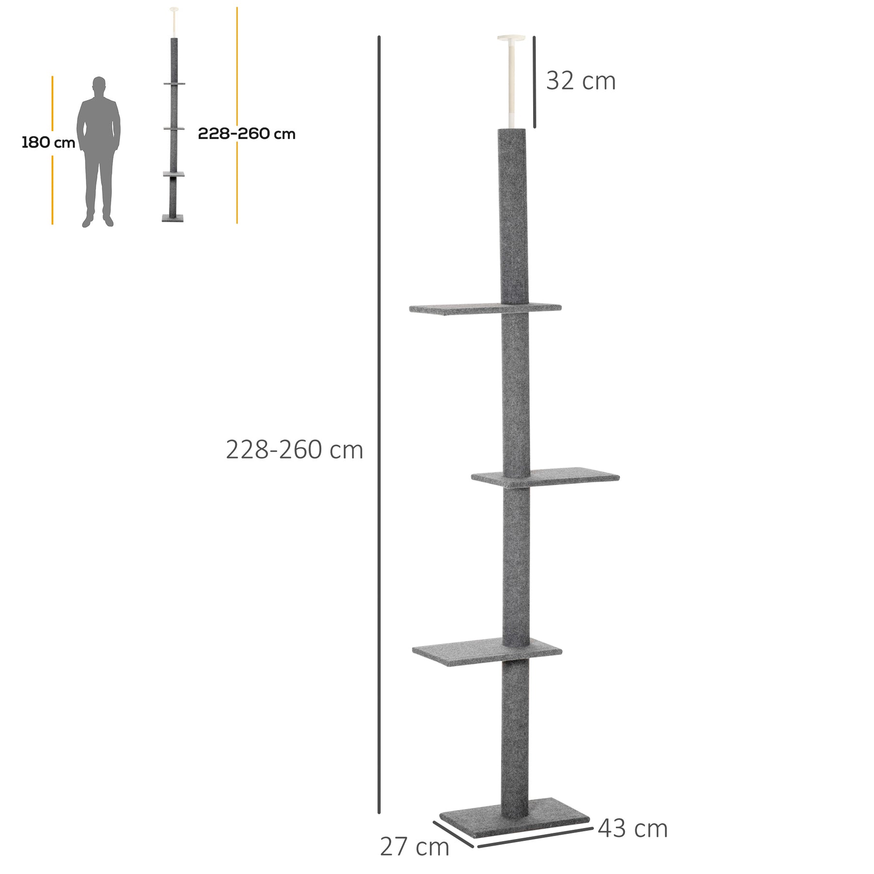 Cat Tree Tower, Floor to Ceiling with 3 Perches, Scratching Posts, Activity Centre for Kittens, Grey