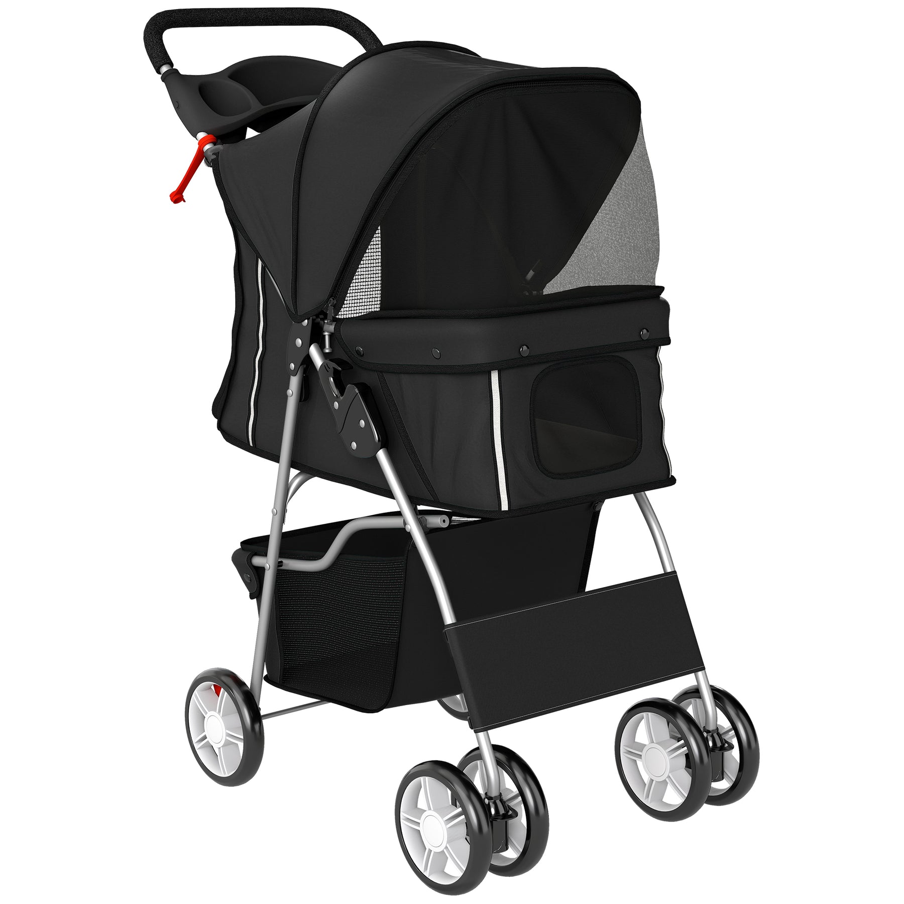 Dog Pram, Pet Stroller with Reflective Strips, Foldable Cat Stroller with 360° Swivel Wheels, Black