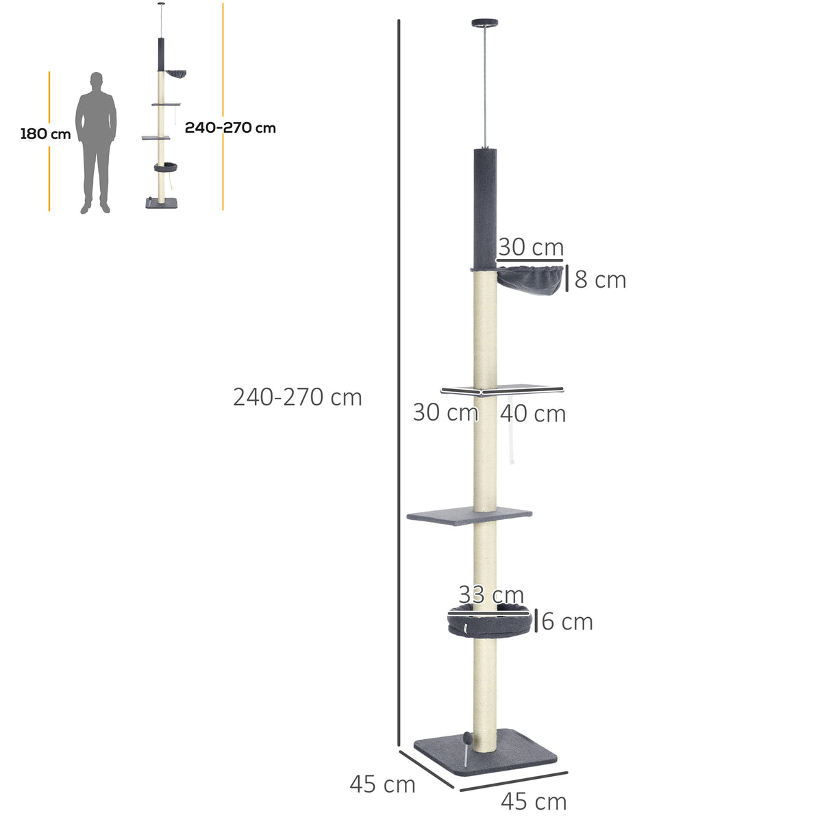PawHut Floor to Ceiling Cat Tree 240-270cm with Hammock & Bed Floor to Ceiling Cat Trees PawHut