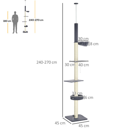 PawHut Floor to Ceiling Cat Tree 240-270cm with Hammock & Bed Floor to Ceiling Cat Trees PawHut