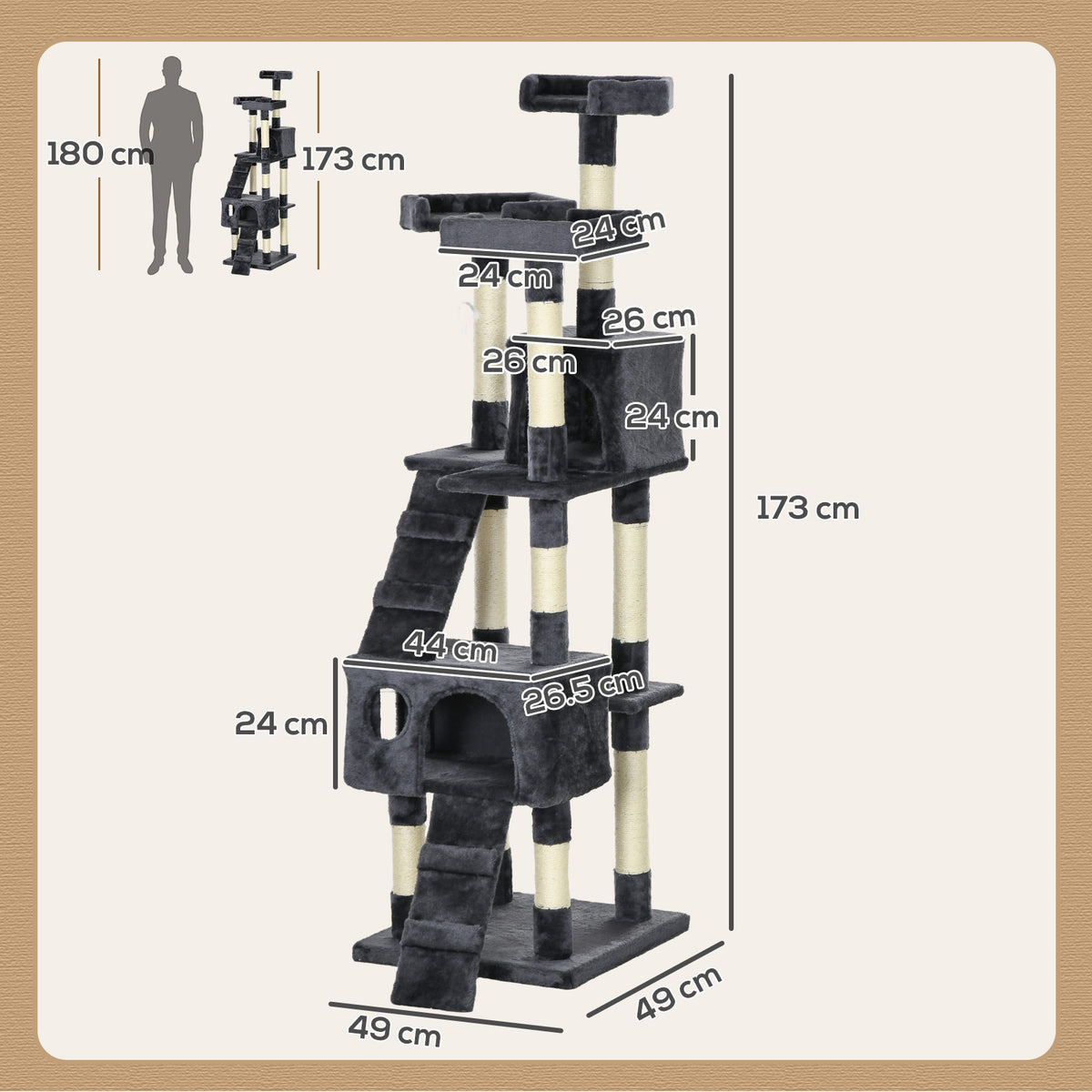 PawHut 173cm Cat Tree Scratching House, Activity Play Centre, Charcoal Grey PawHut