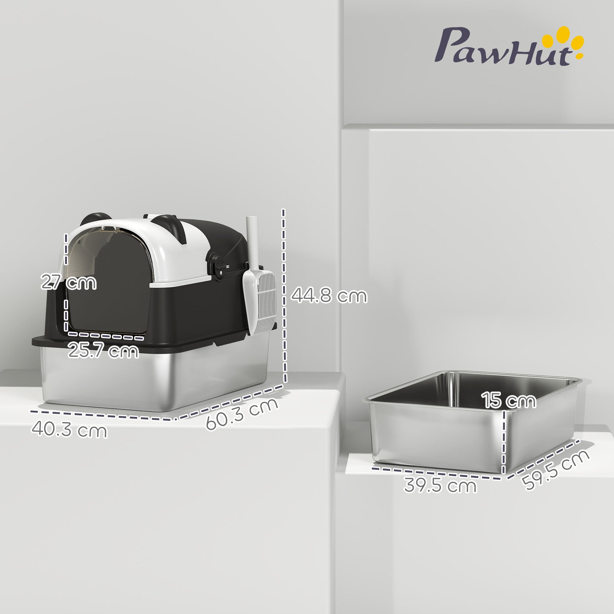 Panda Style XL Stainless Steel Cat Litter Box with Lid, Enclosed Kitty Litter Box with Scoop