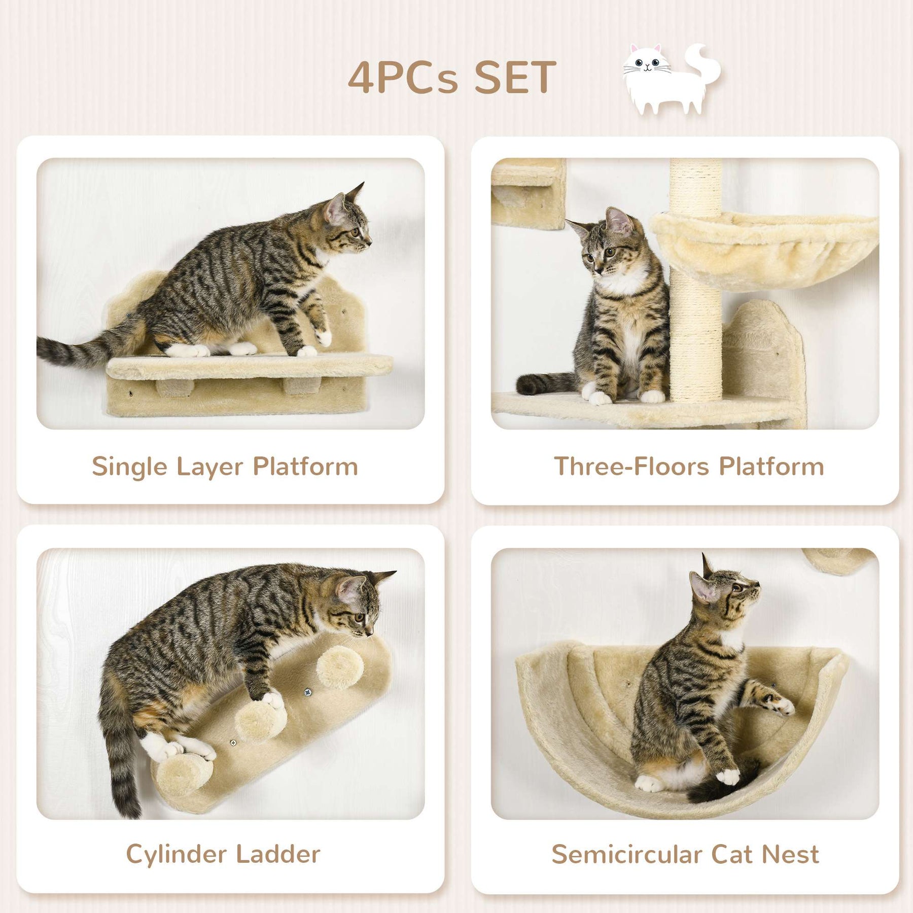 Wall-mounted Cat Shelves Set, Climbing Activity Centre with Hammock, Scratching Post & Jumping Platform for Kittens, Beige
