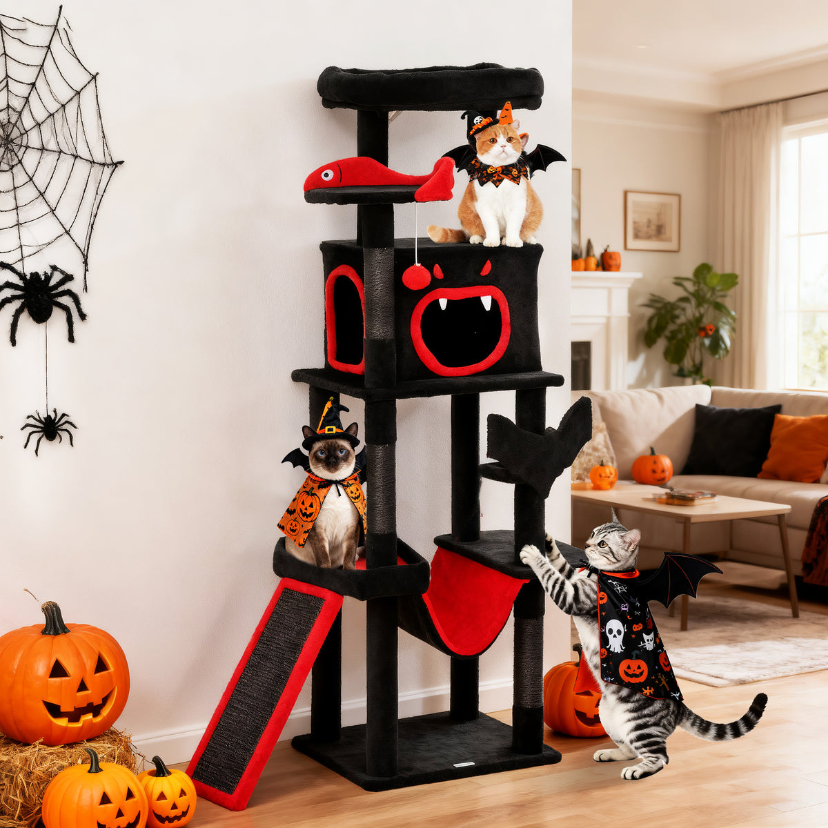 PawHut Gothic Cat Tree, 152 cm Multi-Level Cat Tower for Large Cats with Coffin Bed, Large Condo, for Halloween PawHut