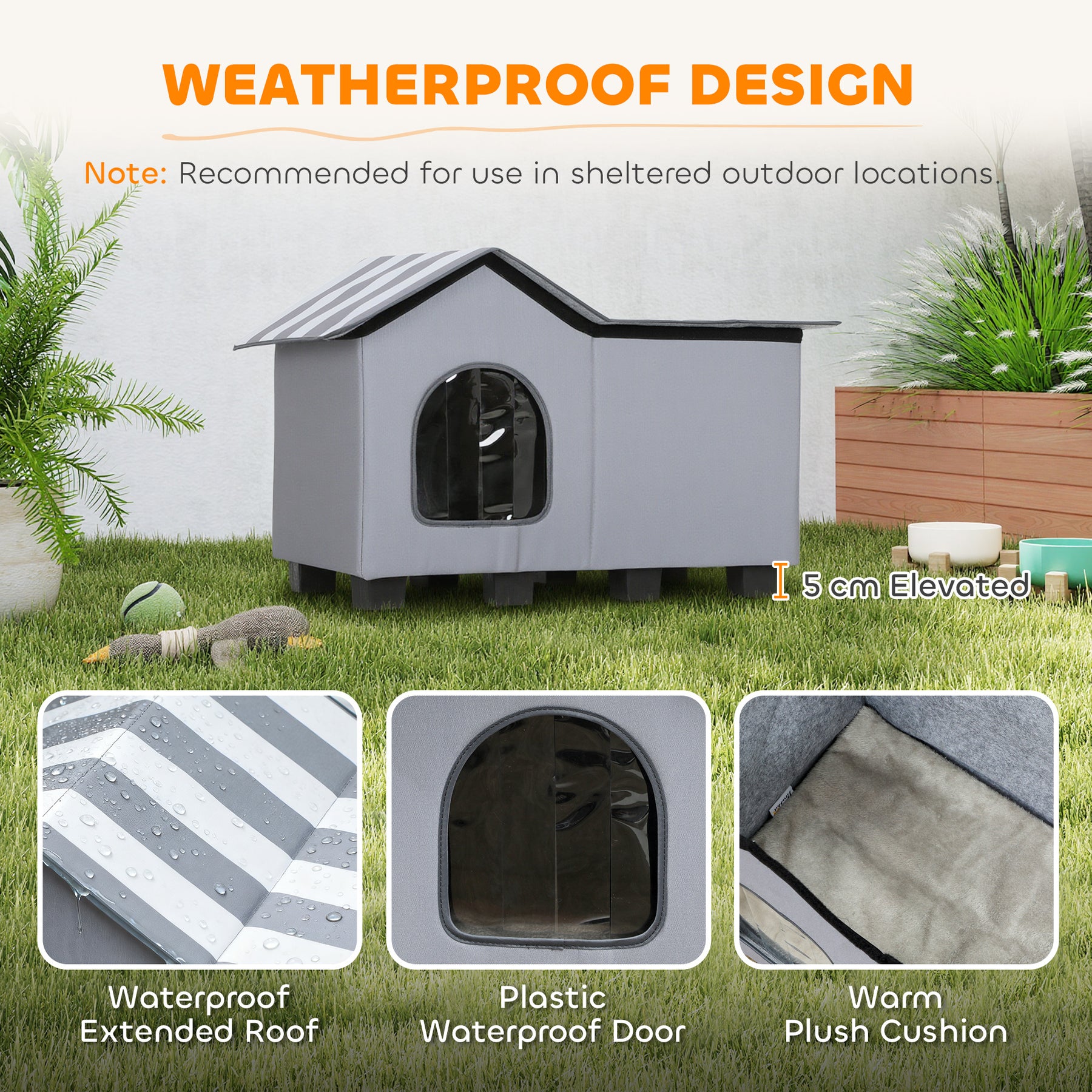 Outdoor Cat House, Weatherproof Feral Cat Cave with Elevated Base and Cushion for Winter, Grey