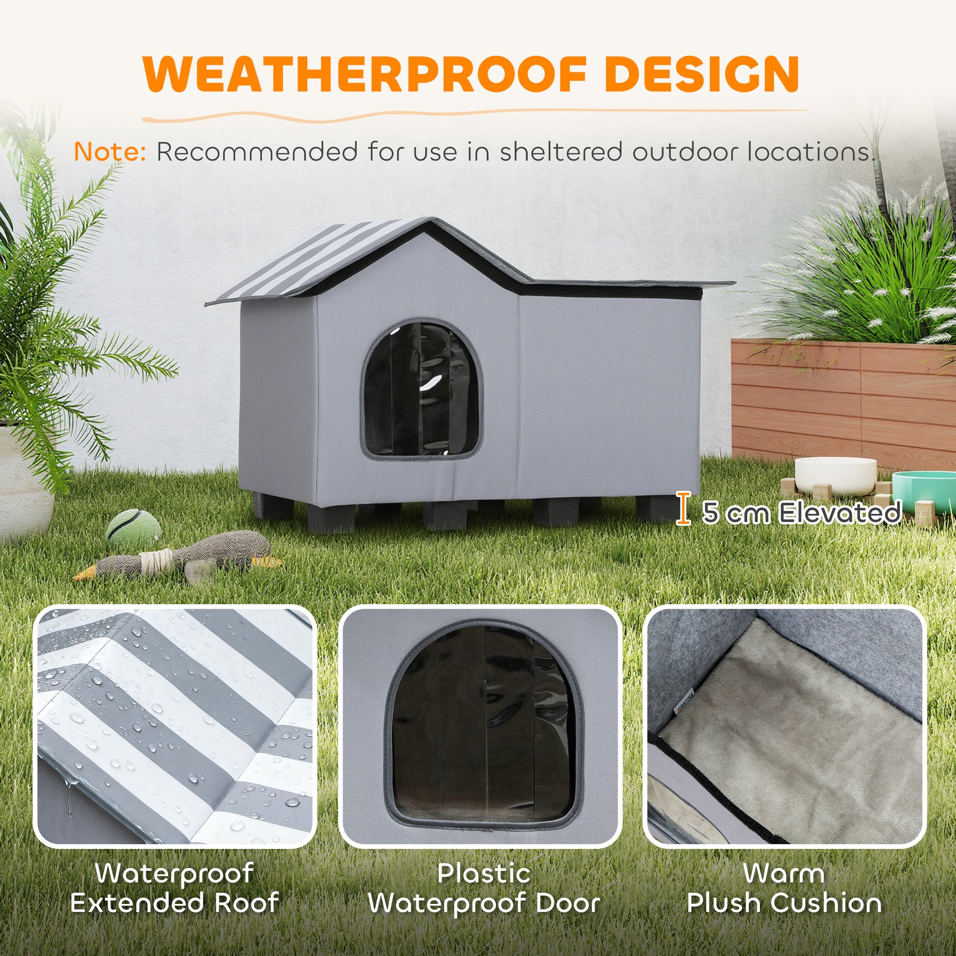 Outdoor Cat House, Weatherproof Feral Cat Cave with Elevated Base and Cushion for Winter, Grey
