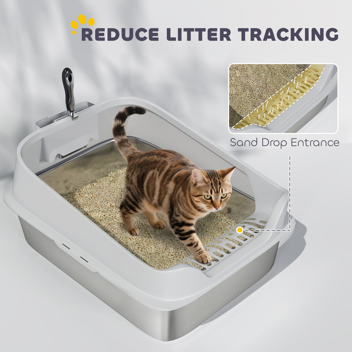 PawHut XL Stainless Steel Cat Litter Box with High Sides, Metal Scoop, 60 x 40 x 30 cm PawHut
