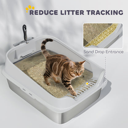 PawHut XL Stainless Steel Cat Litter Box with High Sides, Metal Scoop, 60 x 40 x 30 cm PawHut