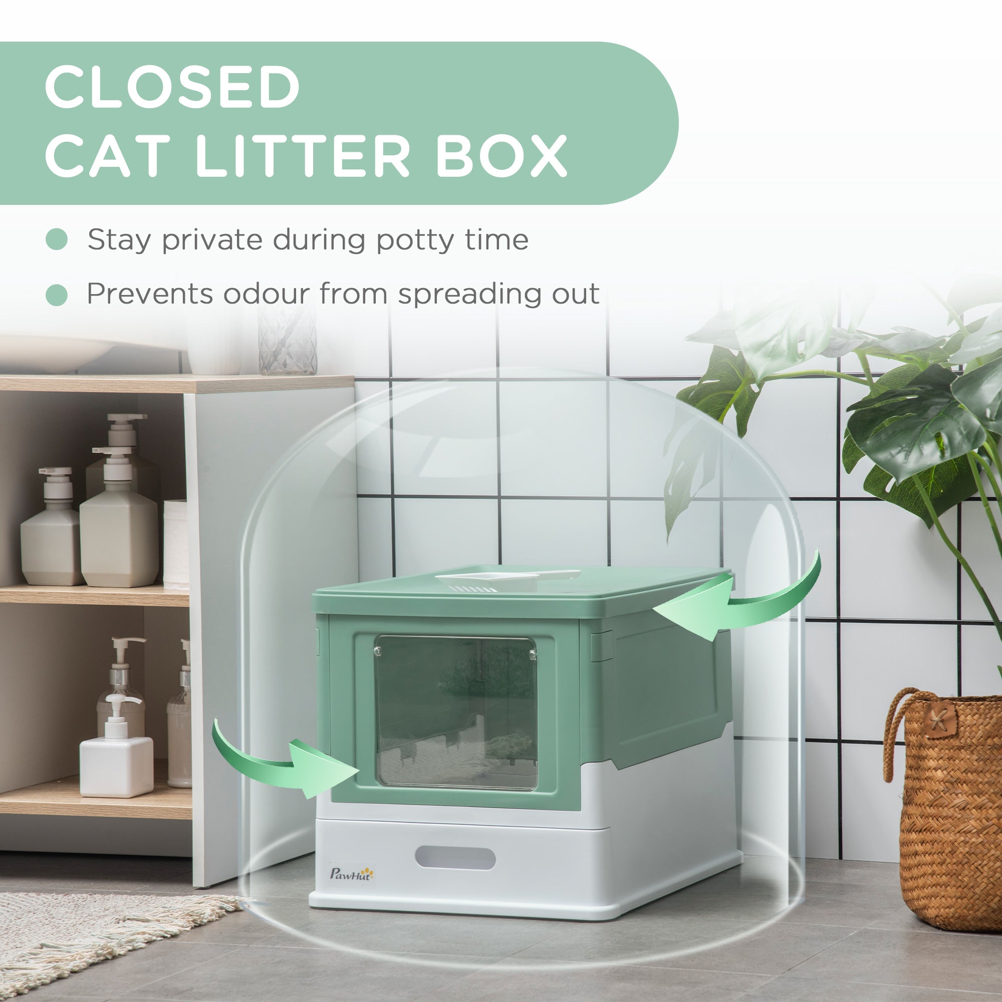 Enclosed Cat Litter Box with Scoop, Front Entry & Top Exit, Spacious Portable Pet Toilet, Green
