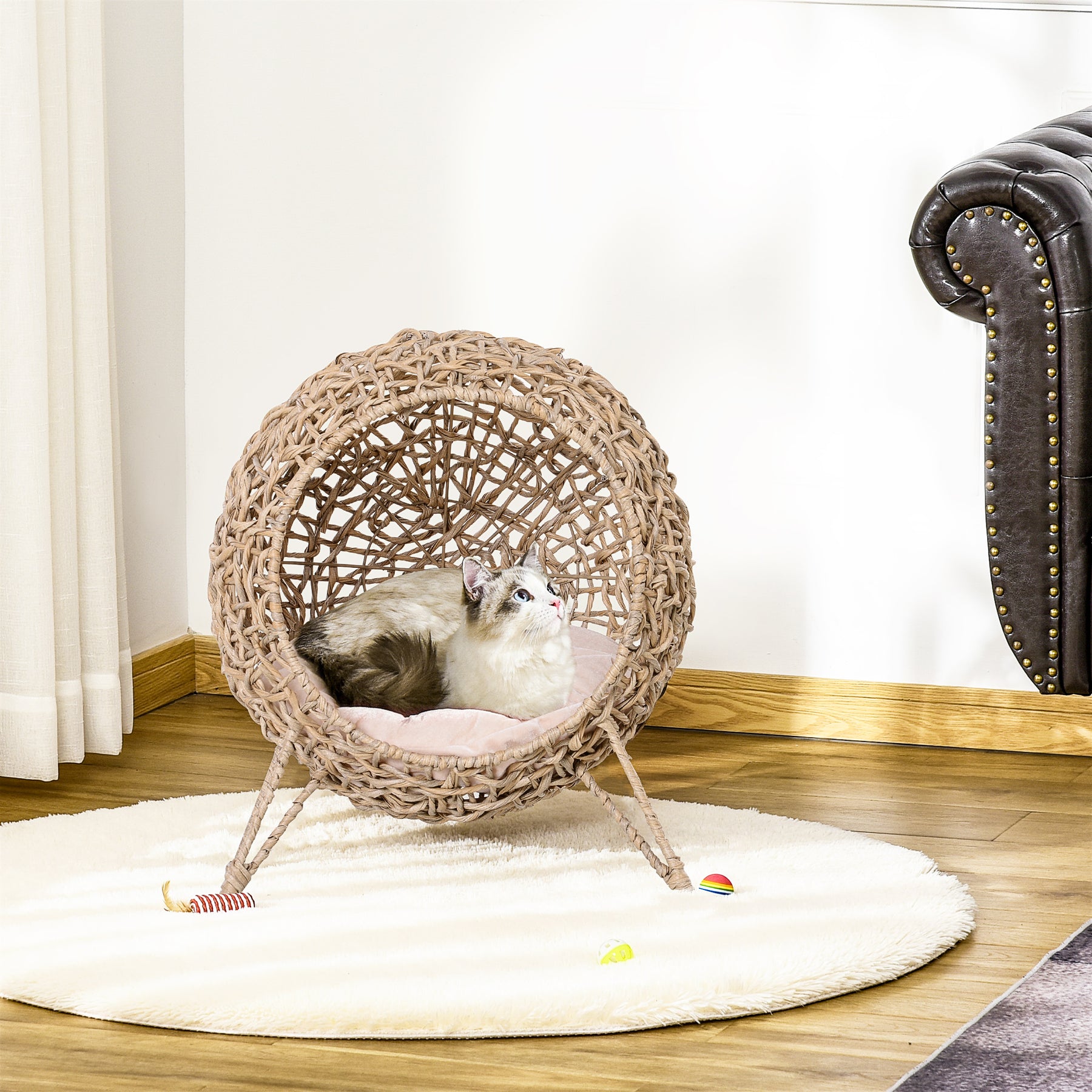 Cat Hammock Rattan Cat House Ball-Shaped Cat Bed with Hand-Woven PE, Cushion & Three-Legged Base, Natural Wood Finish