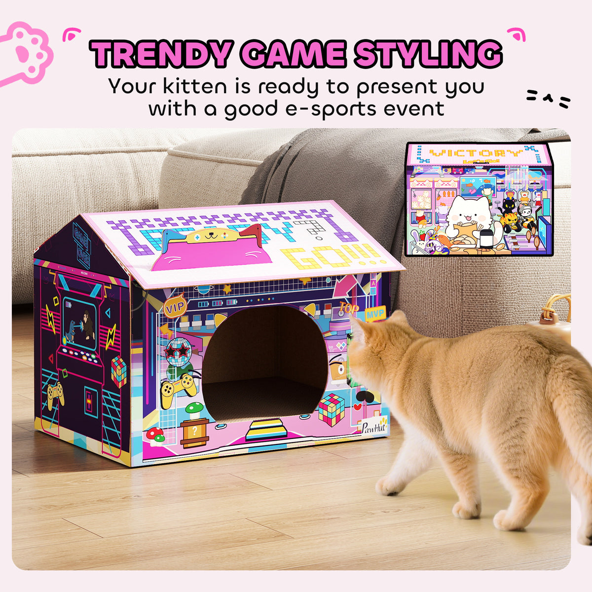PawHut 2 in 1 Gaming Style Cardboard Cat House with Scratching Board & Catnip for Indoor Cats, Pink PawHut