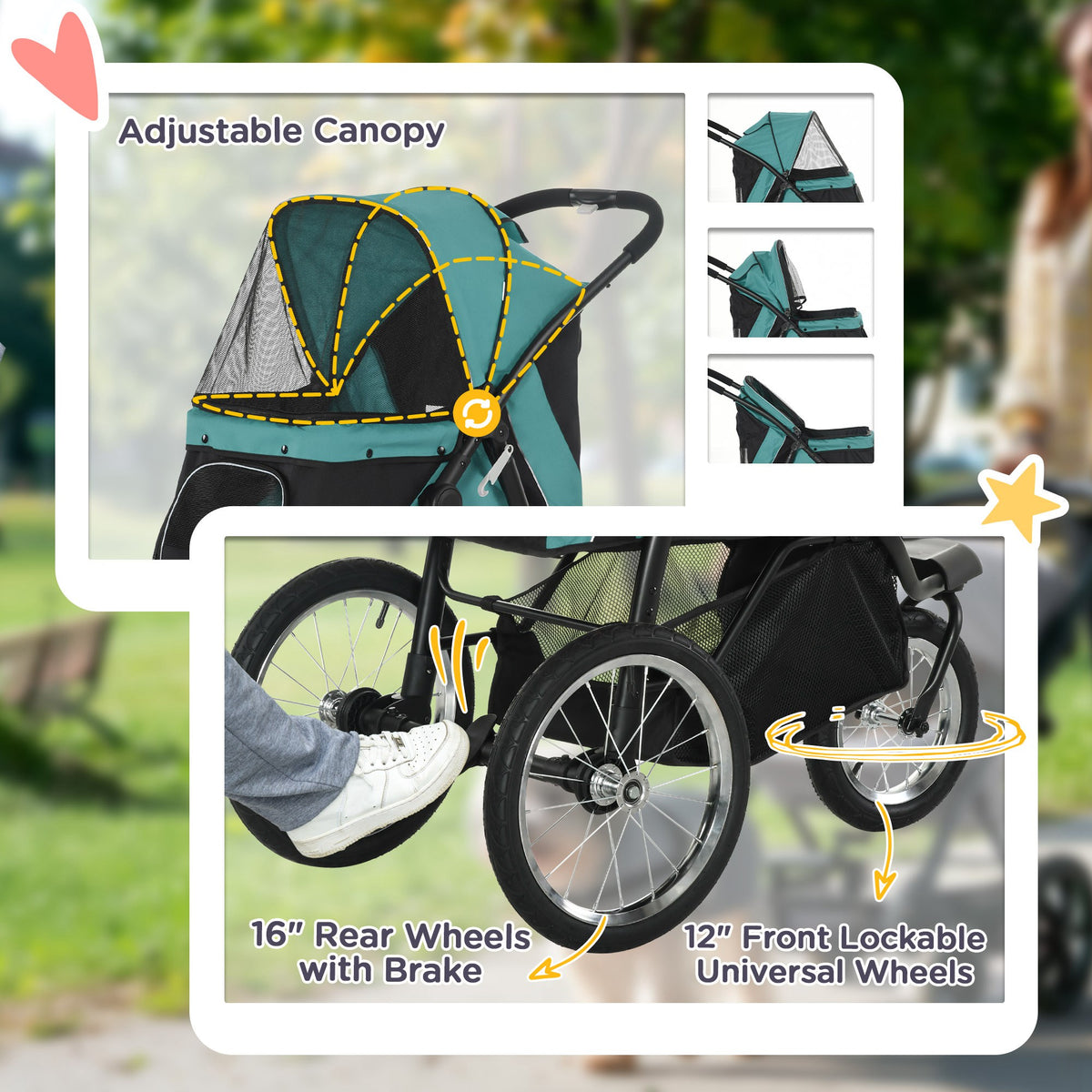 PawHut Foldable Pet Stroller Jogger, with Three Wheels, Canopy, for Medium and Small Dogs, Green PawHut