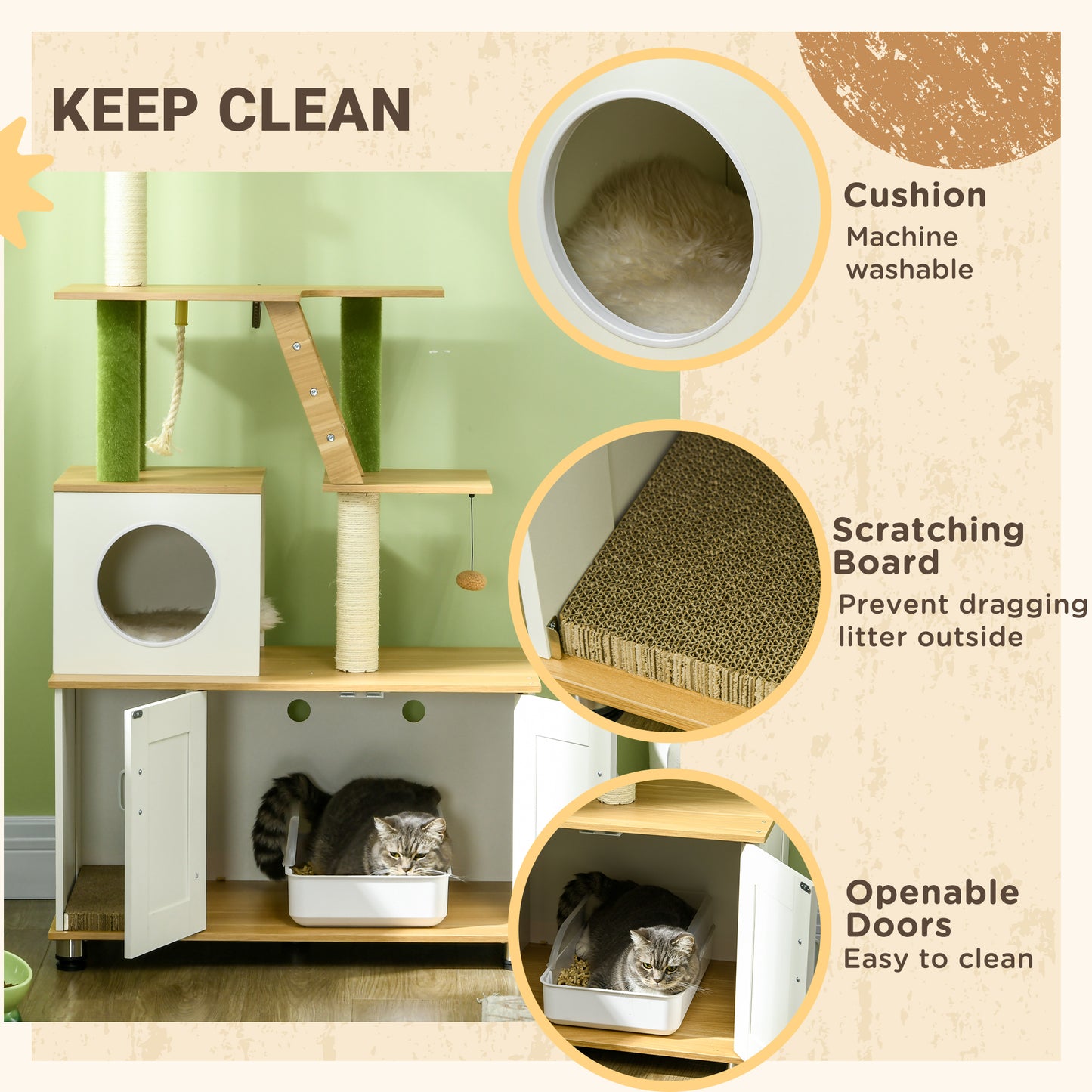 Cat Tree W Hidden Litter Box Enclosure 2 In 1 Green Leaf Aosom UK