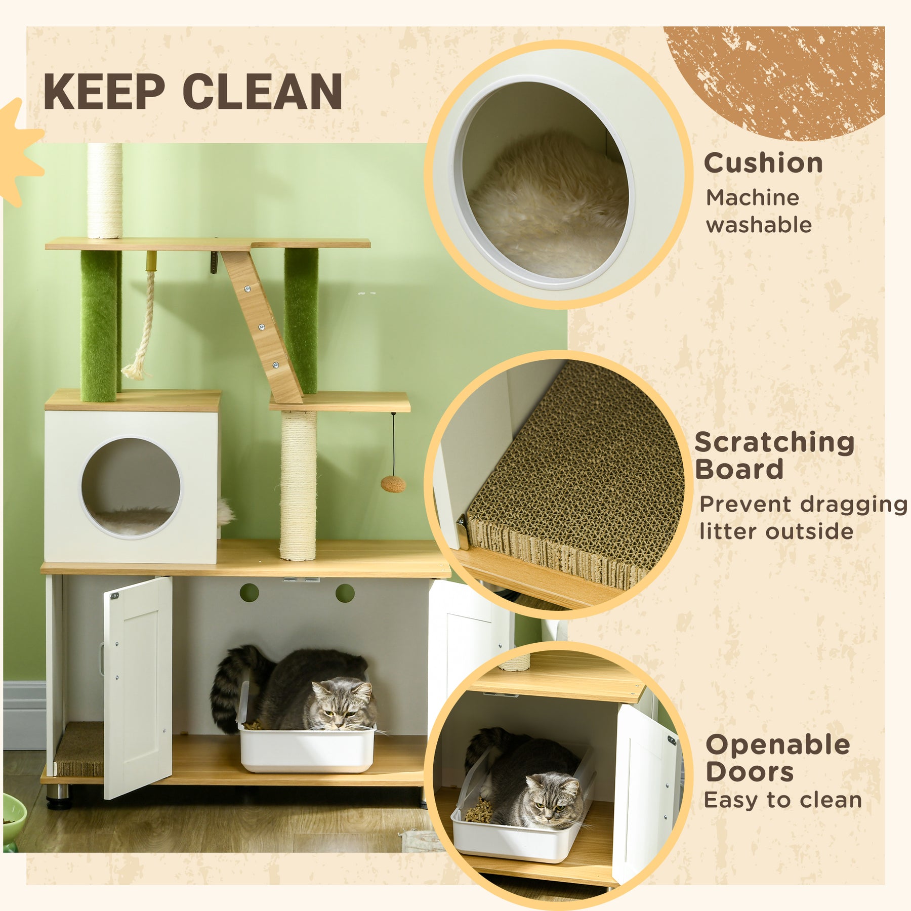 Cat Tree w/ Hidden Litter Box Enclosure, 2 in 1 Green Leaf Cat Tower Litter Box Furniture w/ House, Ladder, Scratching Posts