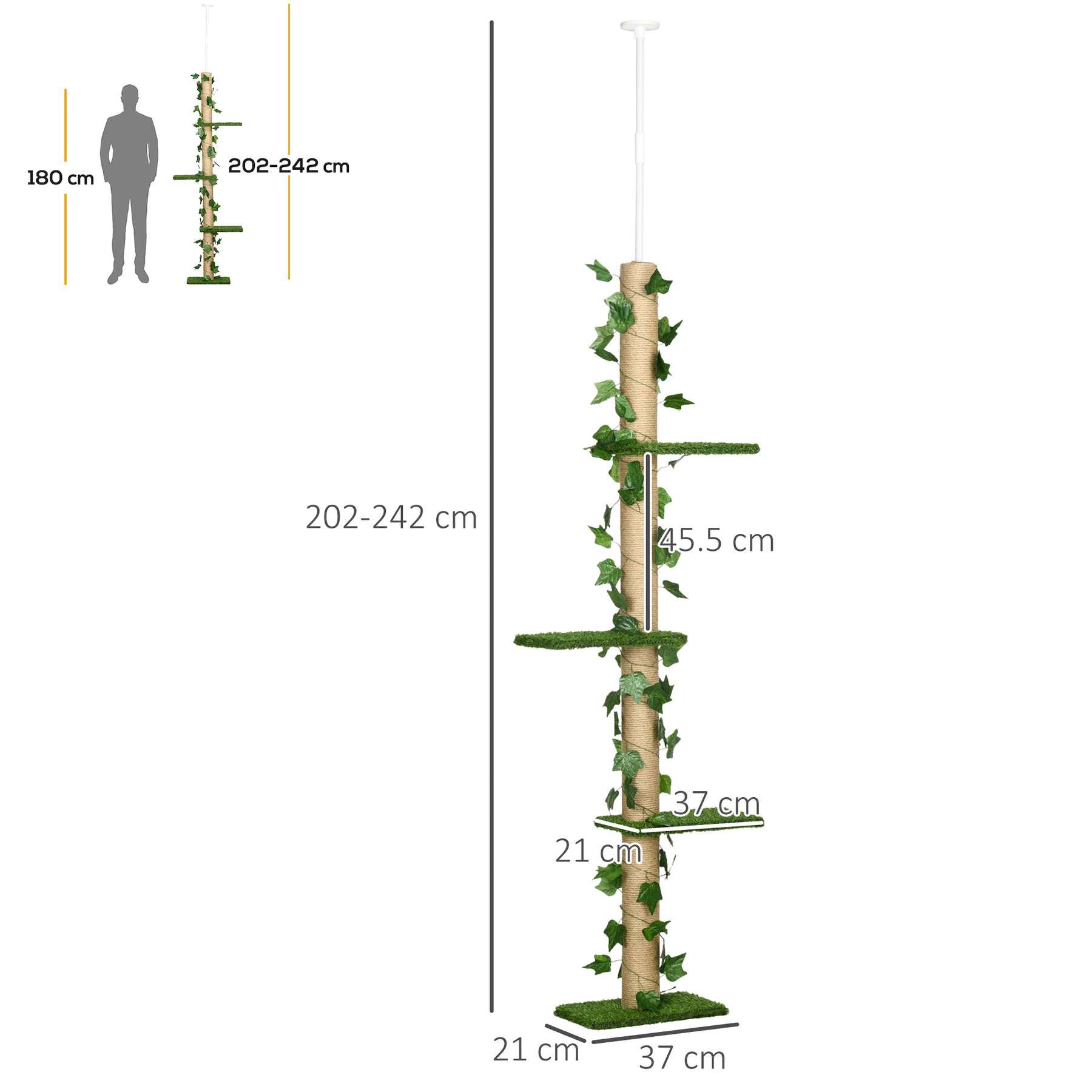 Floor to Ceiling Cat Tree,  Adjustable Kitten Tower, Anti-slip Kit, Highly Simulated Multi-Layer Activity Centre, Green