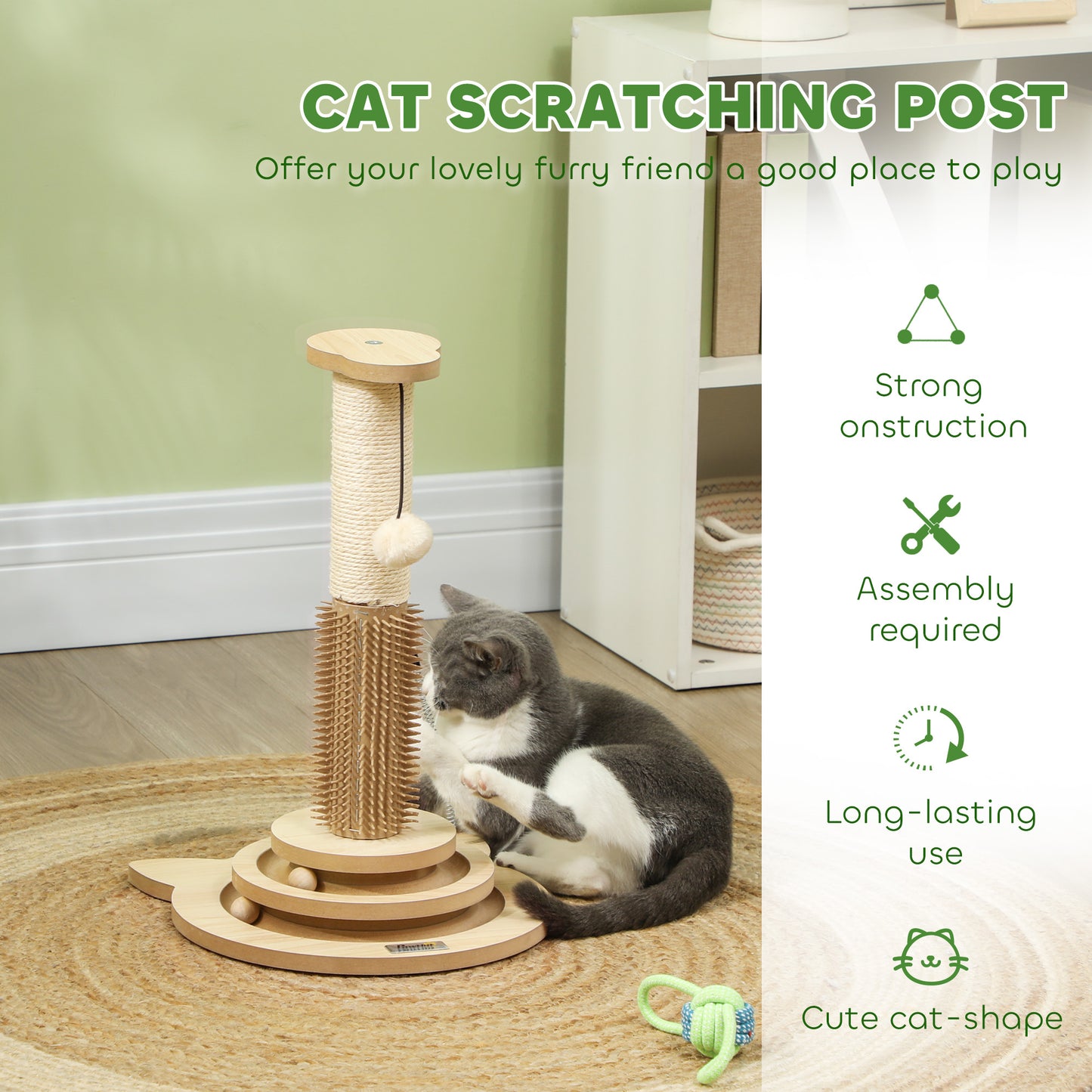 Scratching Post, 5 in 1 Cat Post with Sisal Post, Track Ball Toy, Self Grooming Brush, Hanging Toy Ball, Feather, Oak