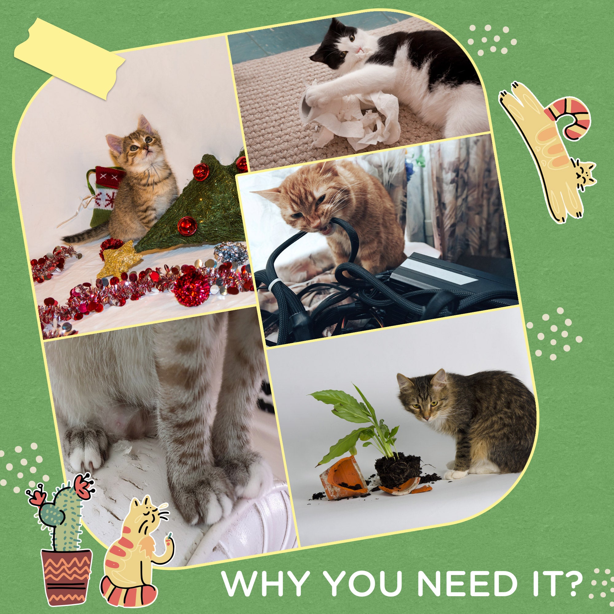Cactus-Shaped Cat Tree Tower, Green, with Sisal Scratching Post, Hanging Ball, Funny Cat Ball Platform