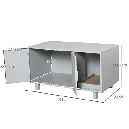 PawHut Wooden Cat Litter Box Enclosure & House with Nightstand/End Table Design, Scratcher, & Magnetic Doors, Grey PawHut