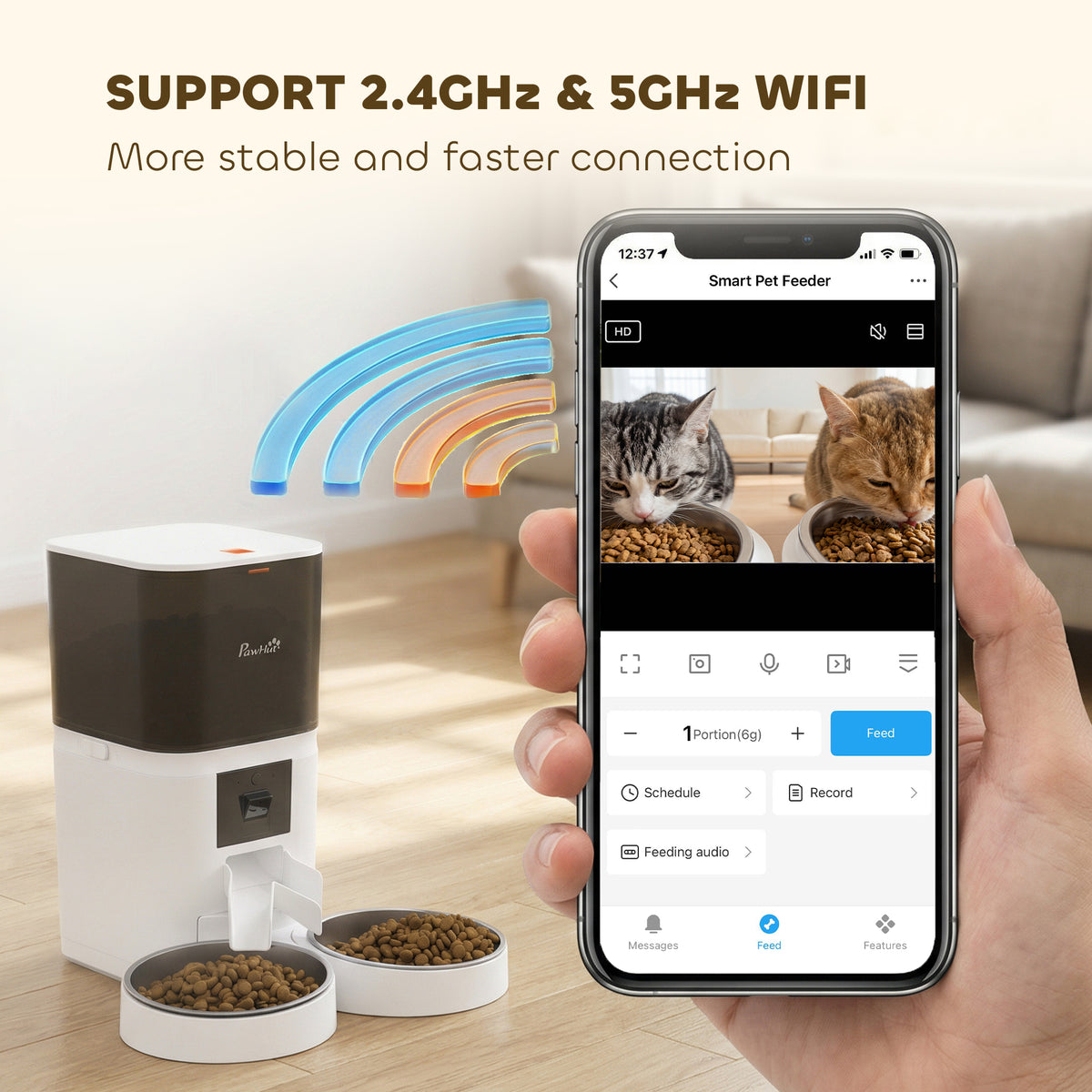 PawHut Automatic Cat Feeder for 2 Cats with HD Camera, 4G & 5G WiFi Pet Food Dispenser 6L APP Control PawHut