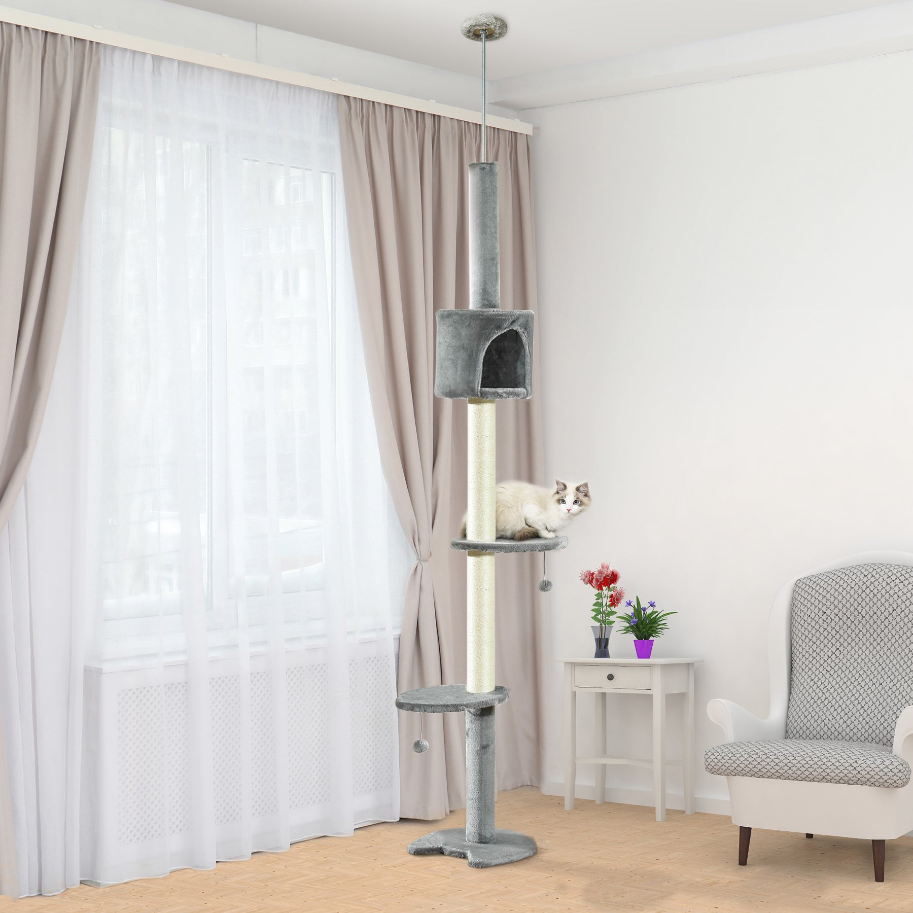 Multi-Level Cat Tree, Kitten Activity Tower, Condo, Indoor Play House with Scratching Post, Hanging Balls, Light Grey