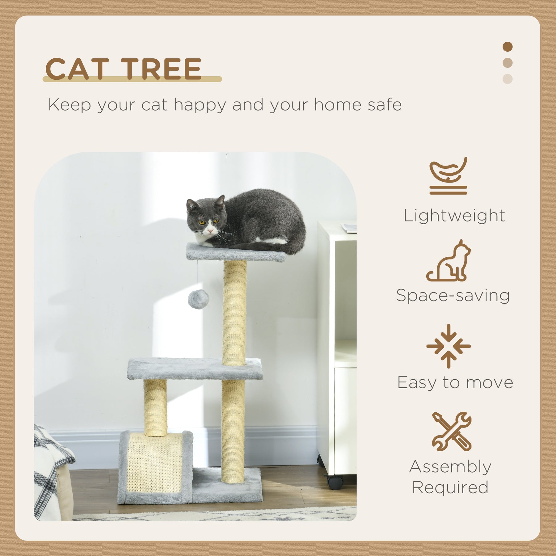 Compact Cat Tree for Indoor Use, Multi-Level with Sisal Scratching Posts, Cushioned Platform, Hanging Ball, Light Grey