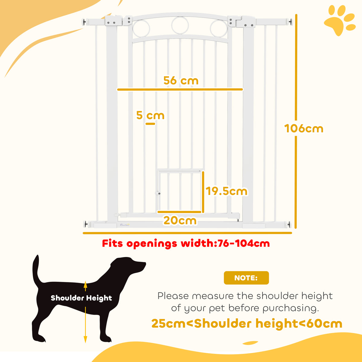 PawHut 106cm Tall Dog Gate with Cat Door, 7cm and 14cm Extensions, for Stairs, Doorways, 76-104cm Width PawHut