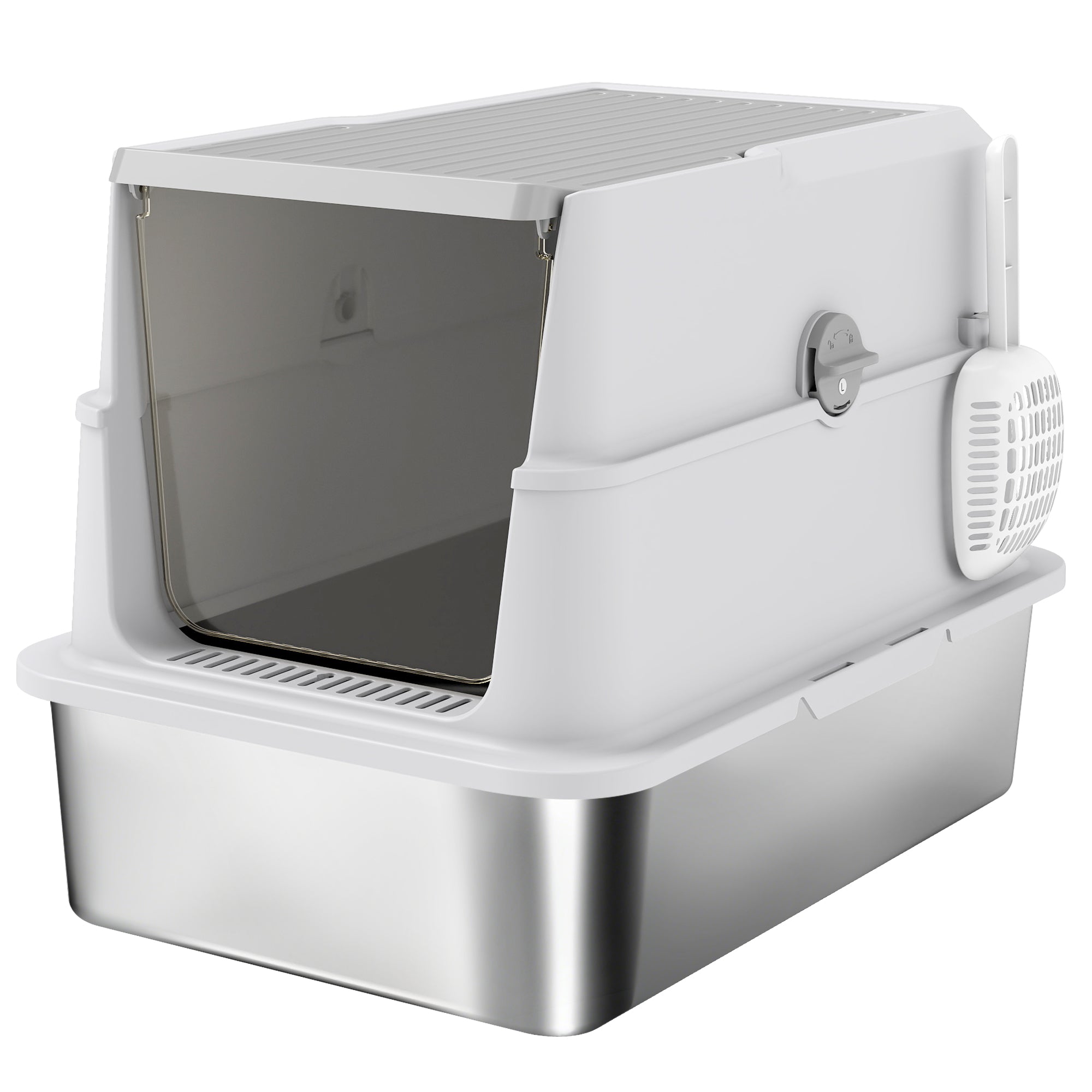 Extra Large Stainless Steel Cat Litter Tray with Scoop, Flip-Top Lid, Odour Control, Modern Design