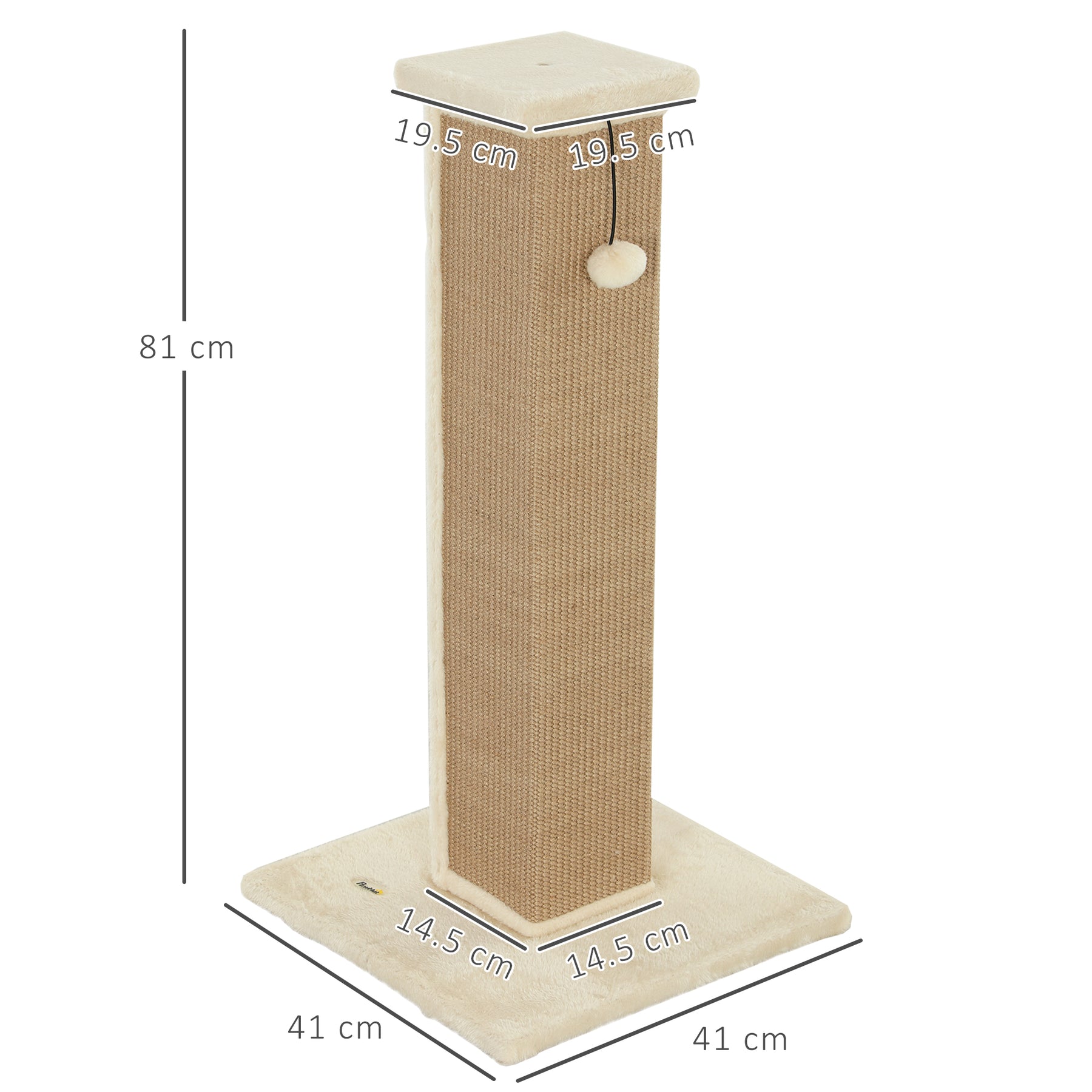 Cat Scratcher, Vertical Full Scratcher w/ Natural Jute Rope, Hanging Ball, Soft Plush - Beige