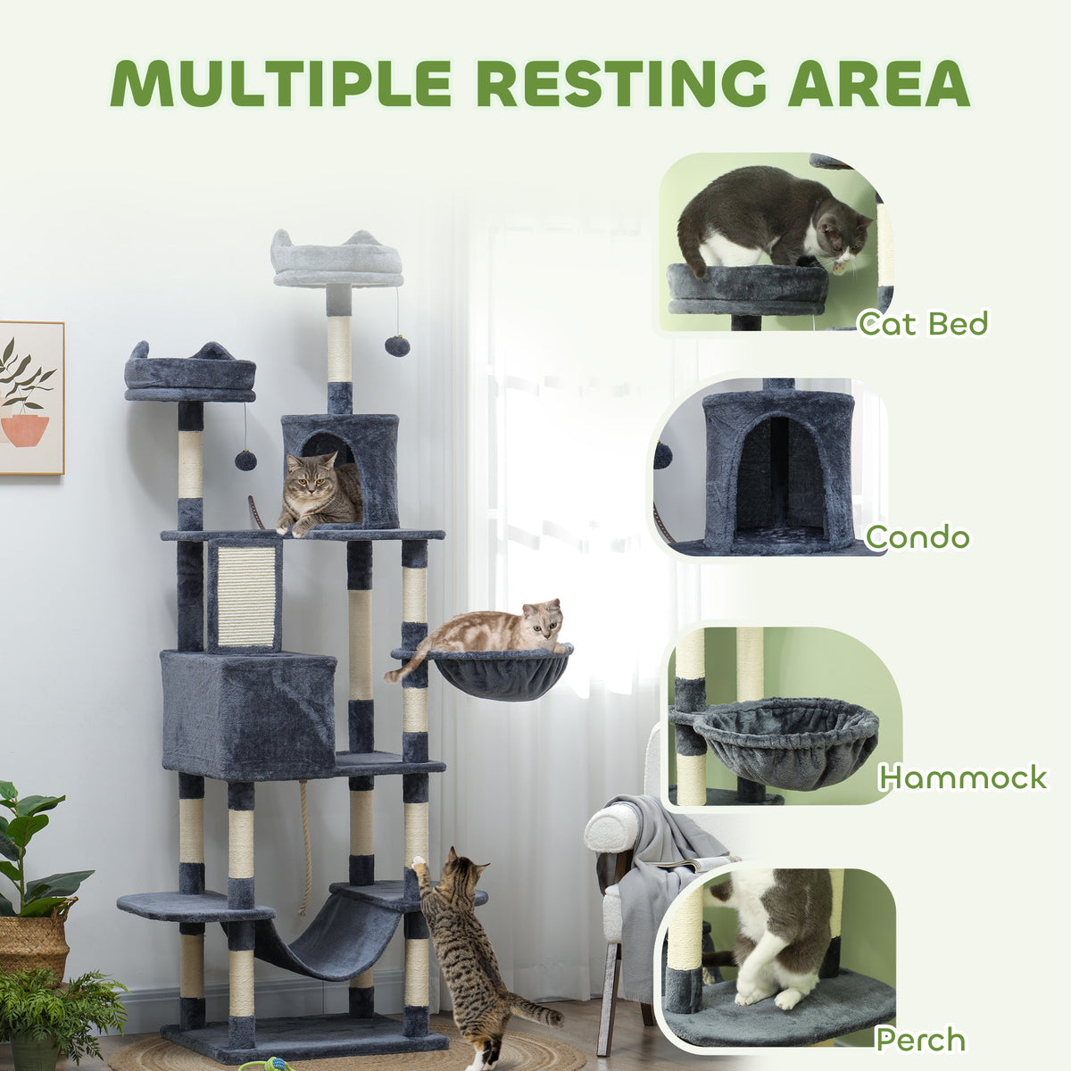 PawHut 206cm Cat Tree, Multi-Level Cat Tower with Scratching Posts and Board, Beds, Condos, Platforms, Toy Balls, Dark Grey PawHut