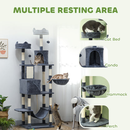 PawHut 206cm Cat Tree, Multi-Level Cat Tower with Scratching Posts and Board, Beds, Condos, Platforms, Toy Balls, Dark Grey PawHut