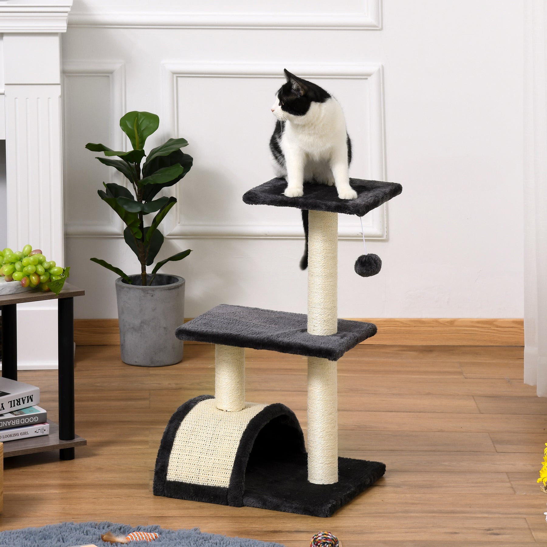 Cat Tree Tower, Climbing Activity Centre for Kittens, with Sisal Scratching Post, Pad Arc Perch, and Hanging Ball Toy, Grey