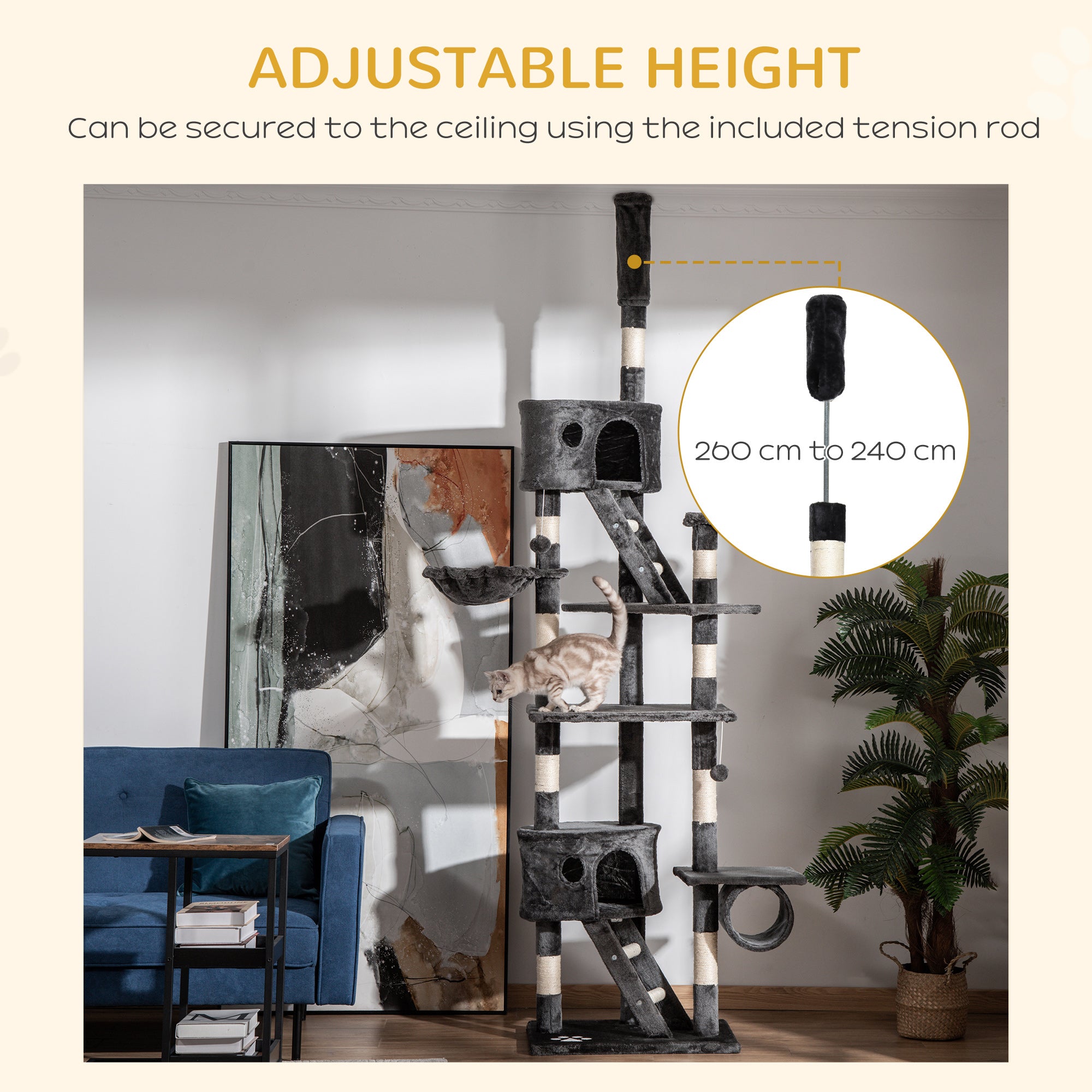 Cat Tower Floor-to-Ceiling Indoor Cat Tree, Adjustable Cat Post with Condos, Ramps, Hammocks, Toy Balls, Dark Grey