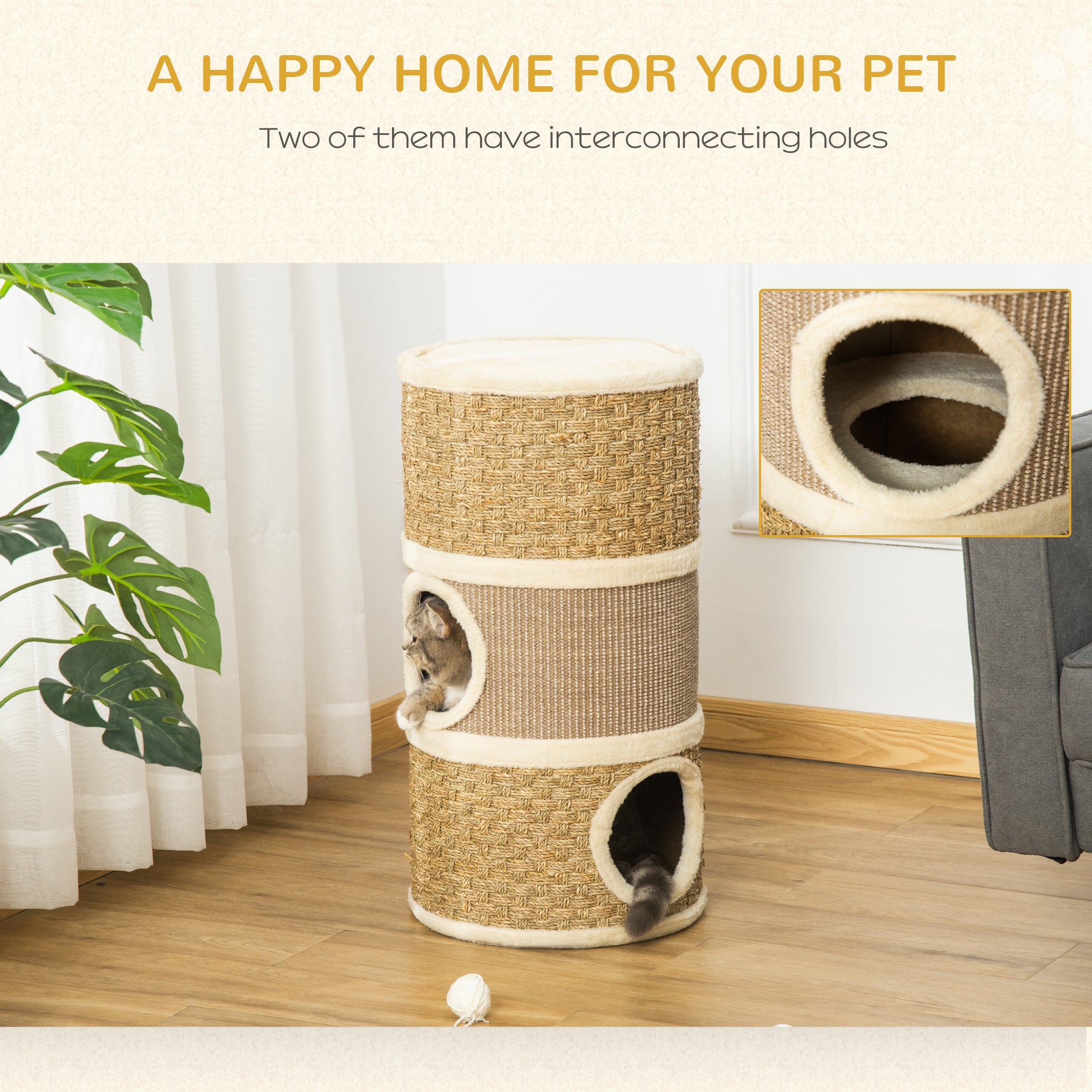 Cat Scratching Barrel Kitten Tree Tower Pet Furniture Climbing Frame Covered with Sisal and Seaweed Rope Cozy Platform Soft Plush