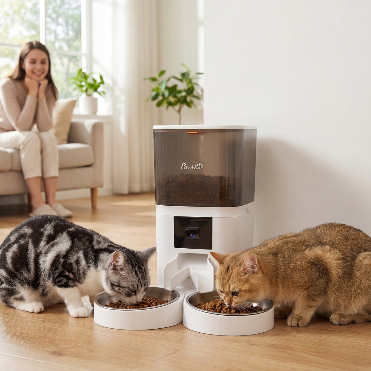 PawHut Automatic Cat Feeder for 2 Cats with HD Camera, 4G & 5G WiFi Pet Food Dispenser 6L APP Control PawHut