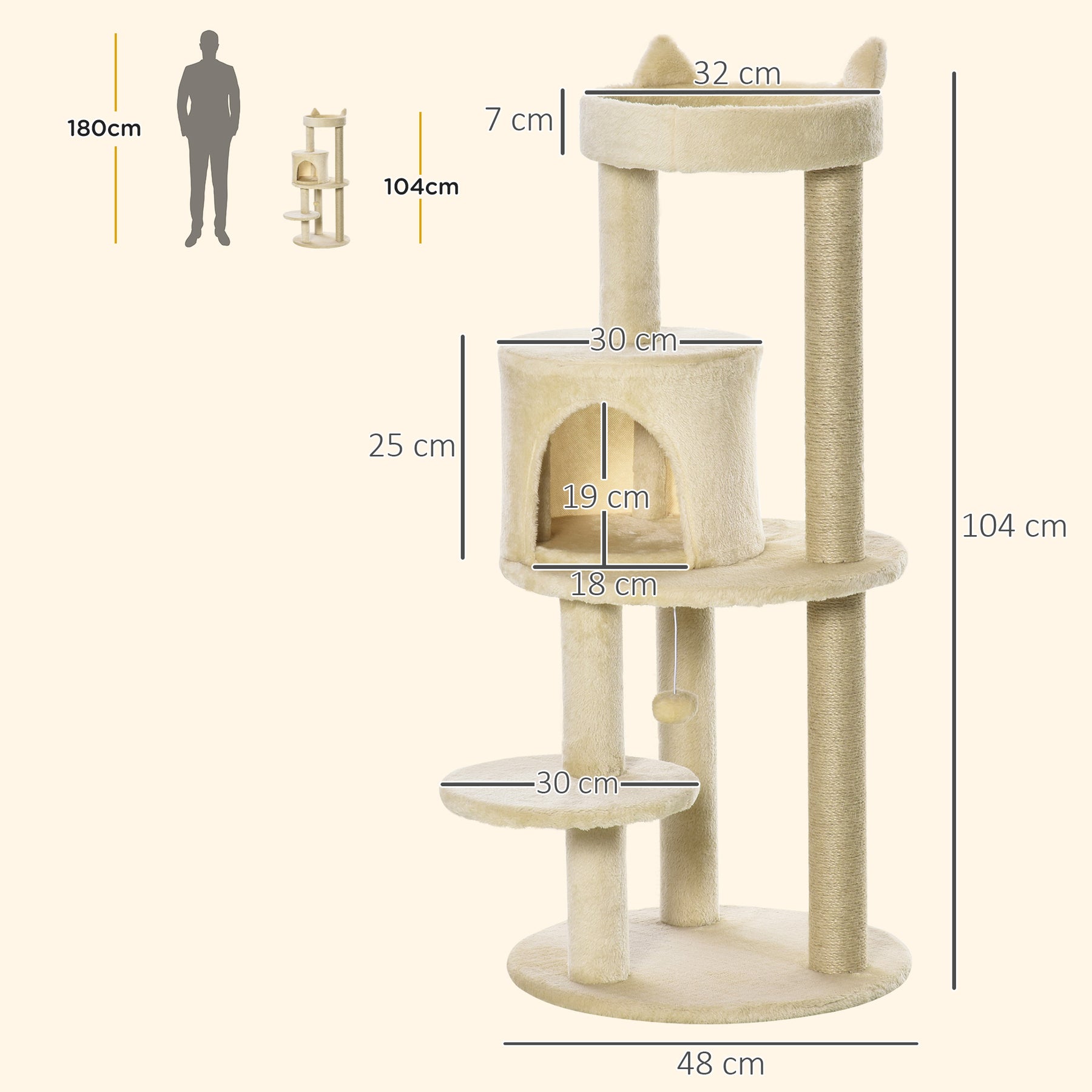 Sisal-Covered Cat Tree Tower, Pet Activity Centre with Scratching Post, Cosy Perch, Beige