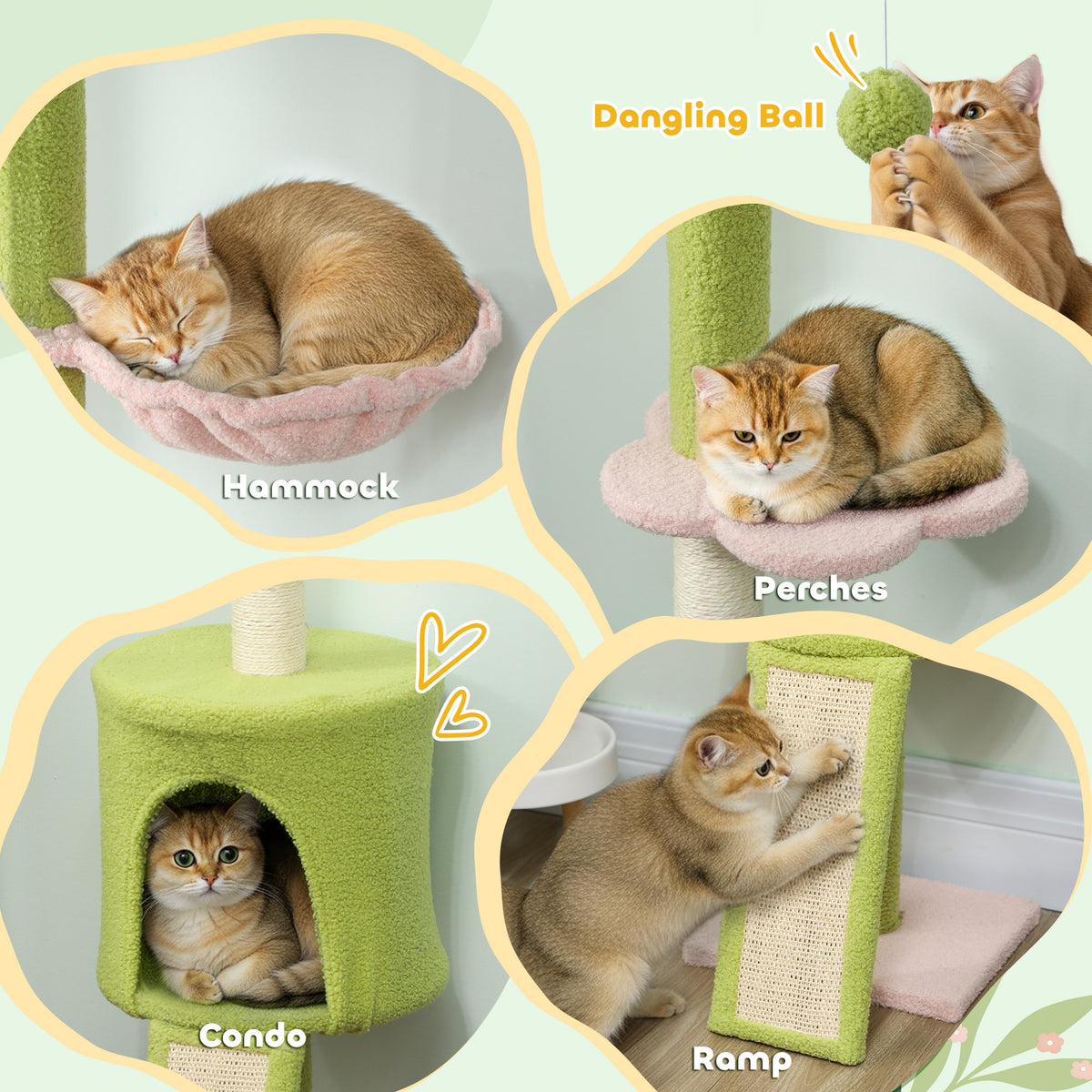 PawHut 220-240 cm Floor to Ceiling Cat Tree Adjustable Height with Hammock, Condo, Scratching Posts, Green PawHut