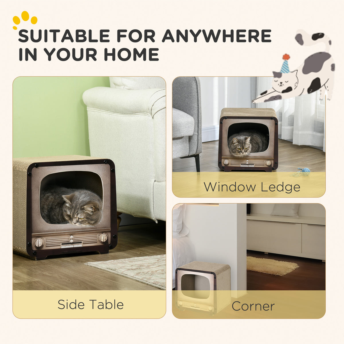 PawHut 2 in 1 TV Shape Cat Scratching Board House with Catnip, for Indoor Cats, Brown PawHut