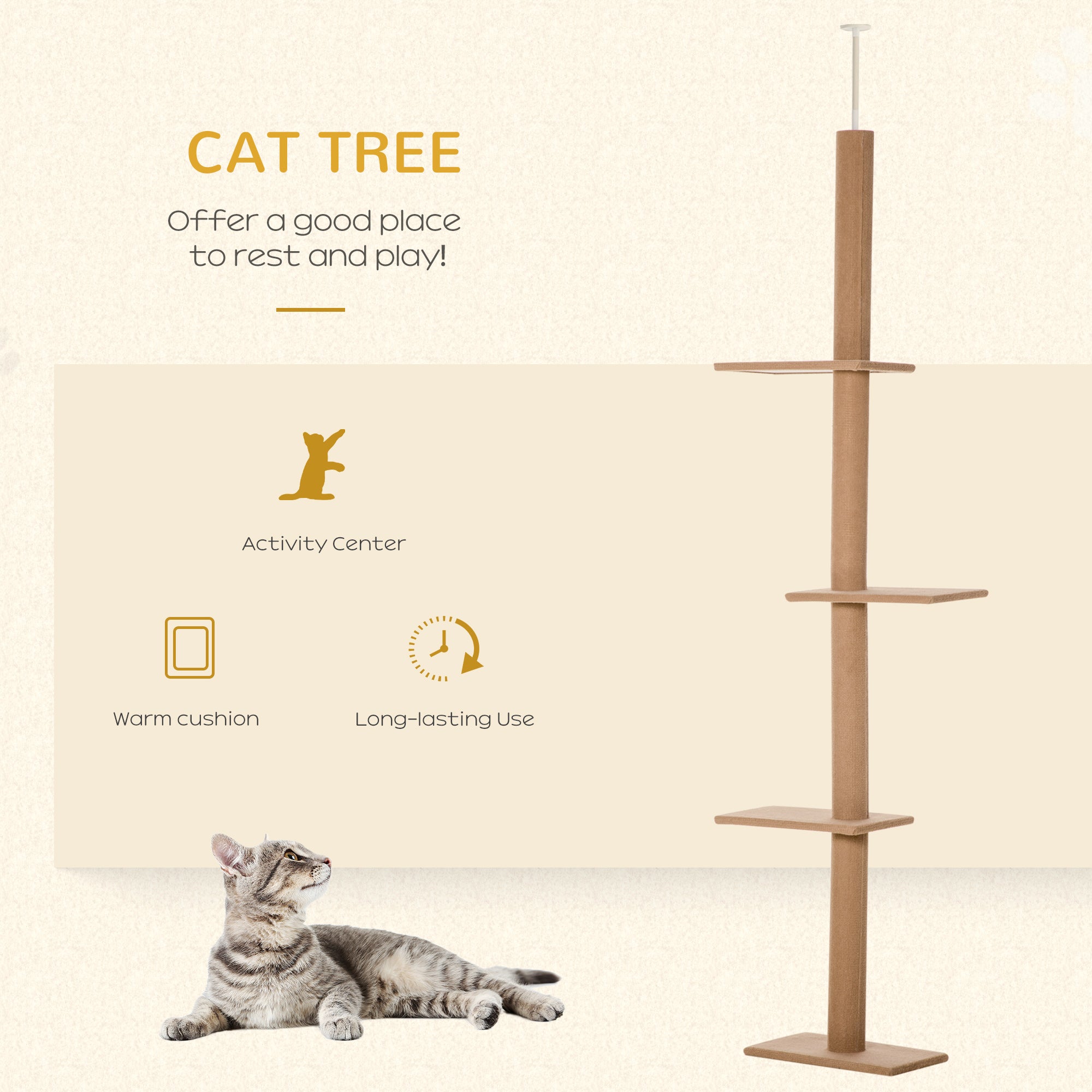 Floor to Ceiling Cat Tree with 3 Perches and Flannel Upholstery, Activity & Rest Tower, Brown